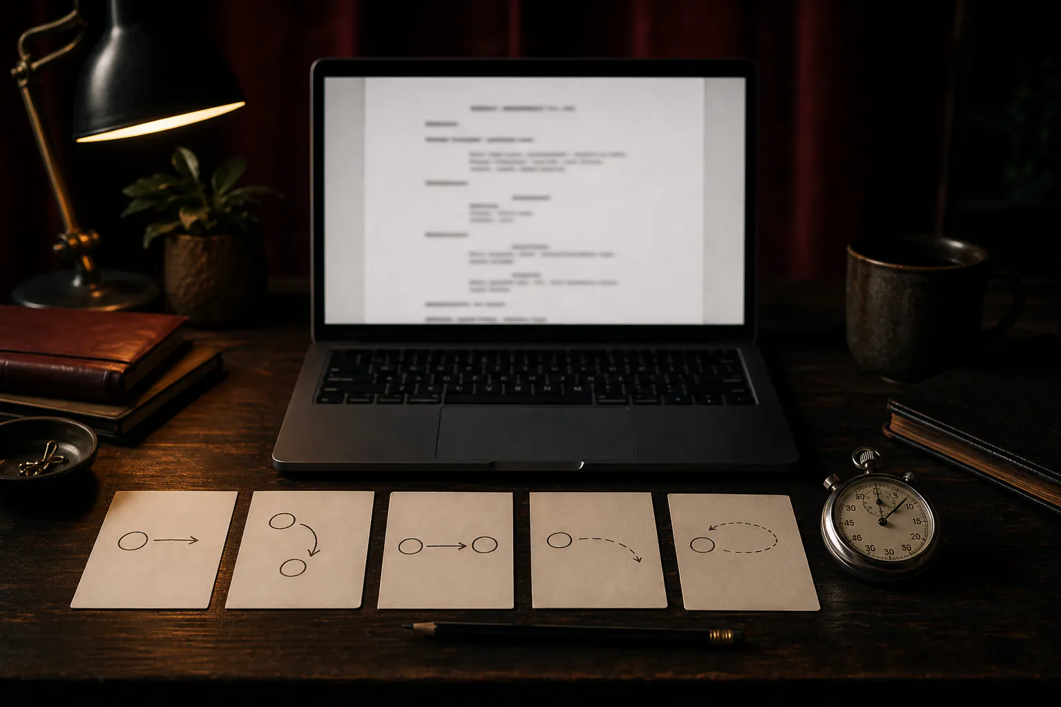 Laptop with an untitled screenplay layout beside scene cards and a pencil, with no readable screen text