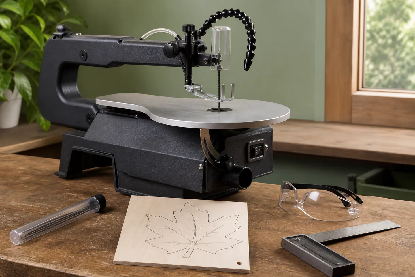 Small variable-speed scroll saw switched off beside simple plywood leaf pattern, spare blades, safety glasses and drilled inside-cut entry hole