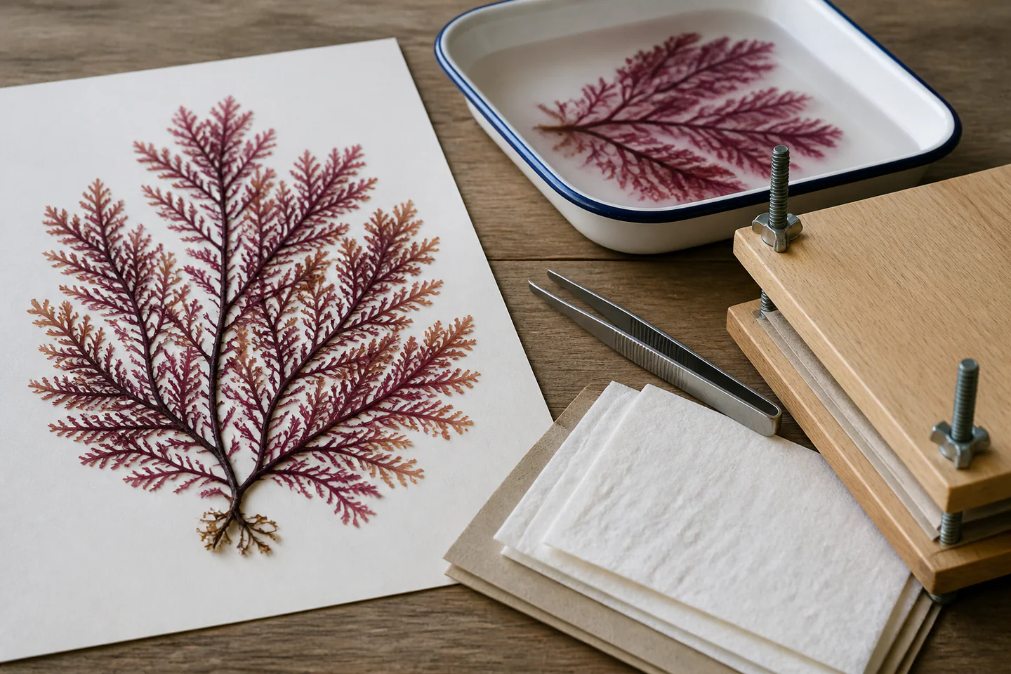 A delicate pressed red seaweed specimen arranged on white archival-style paper beside a shallow water tray, tweezers and small plant press, no hands, labels or text