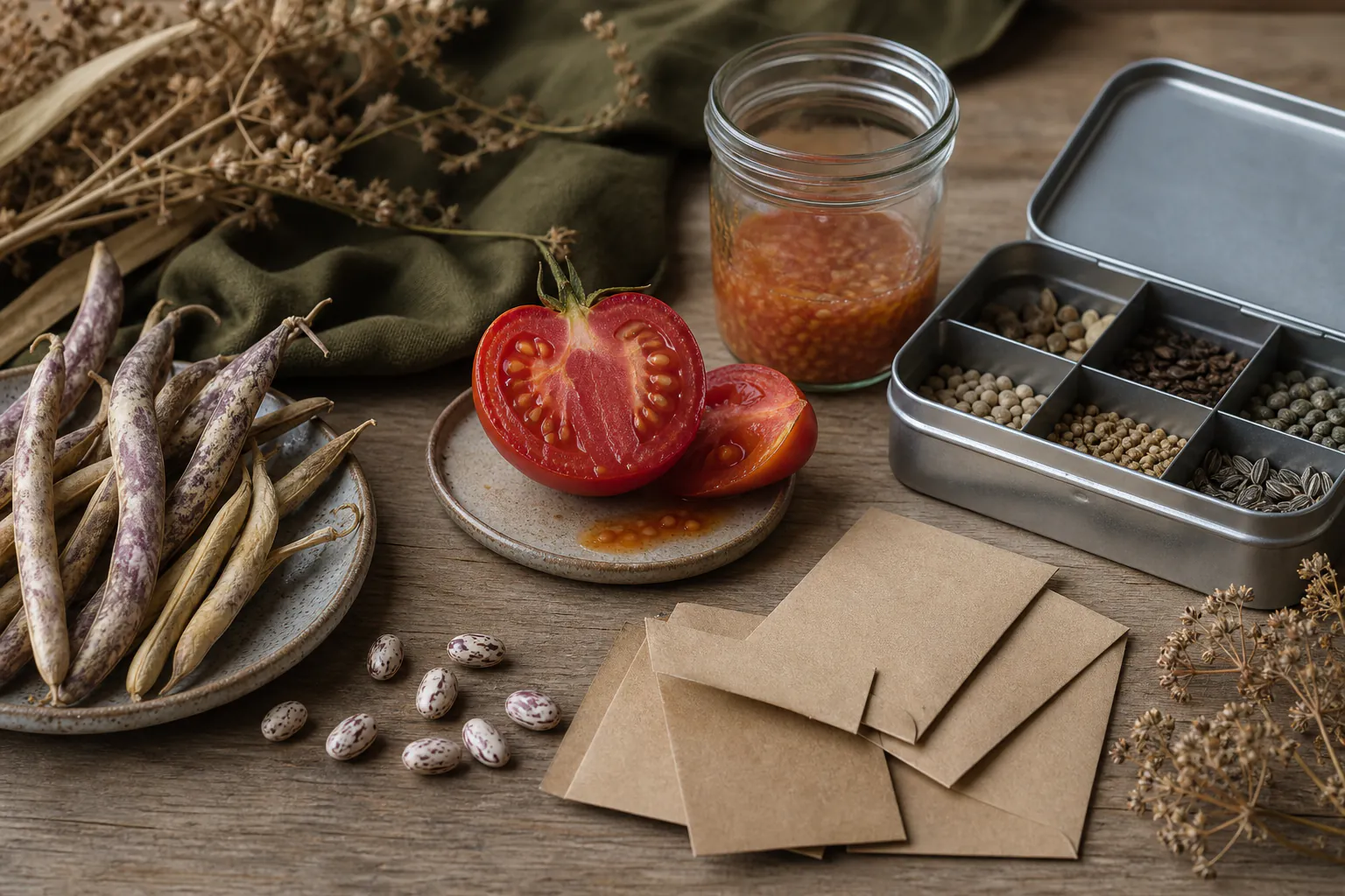 Open paper seed envelopes, dried bean pods and ripe tomato seeds on a clean garden table beside blank labels with no text