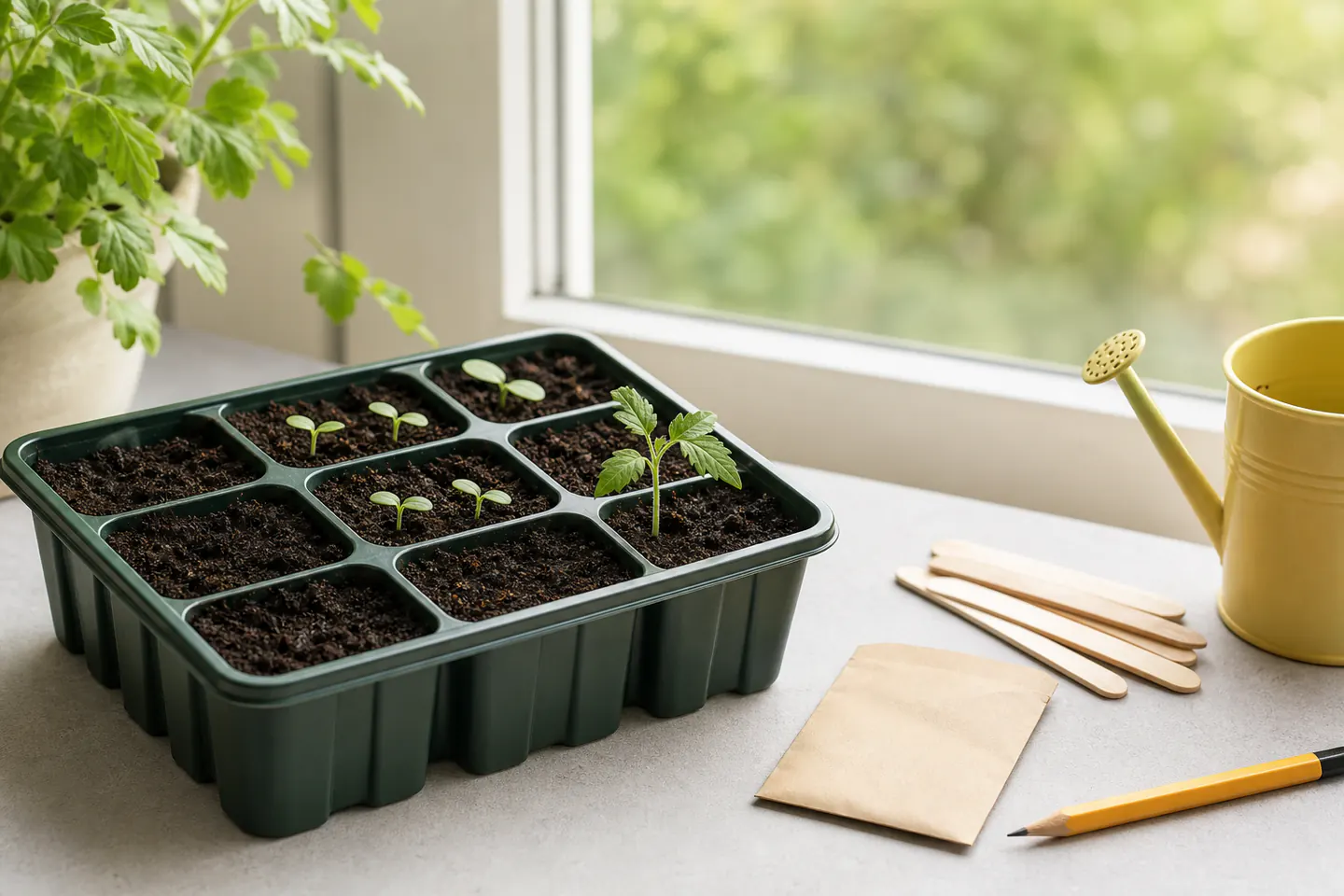 A deep-cell seed tray on a bright windowsill with newly germinated and slightly larger seedlings, blank labels and watering can