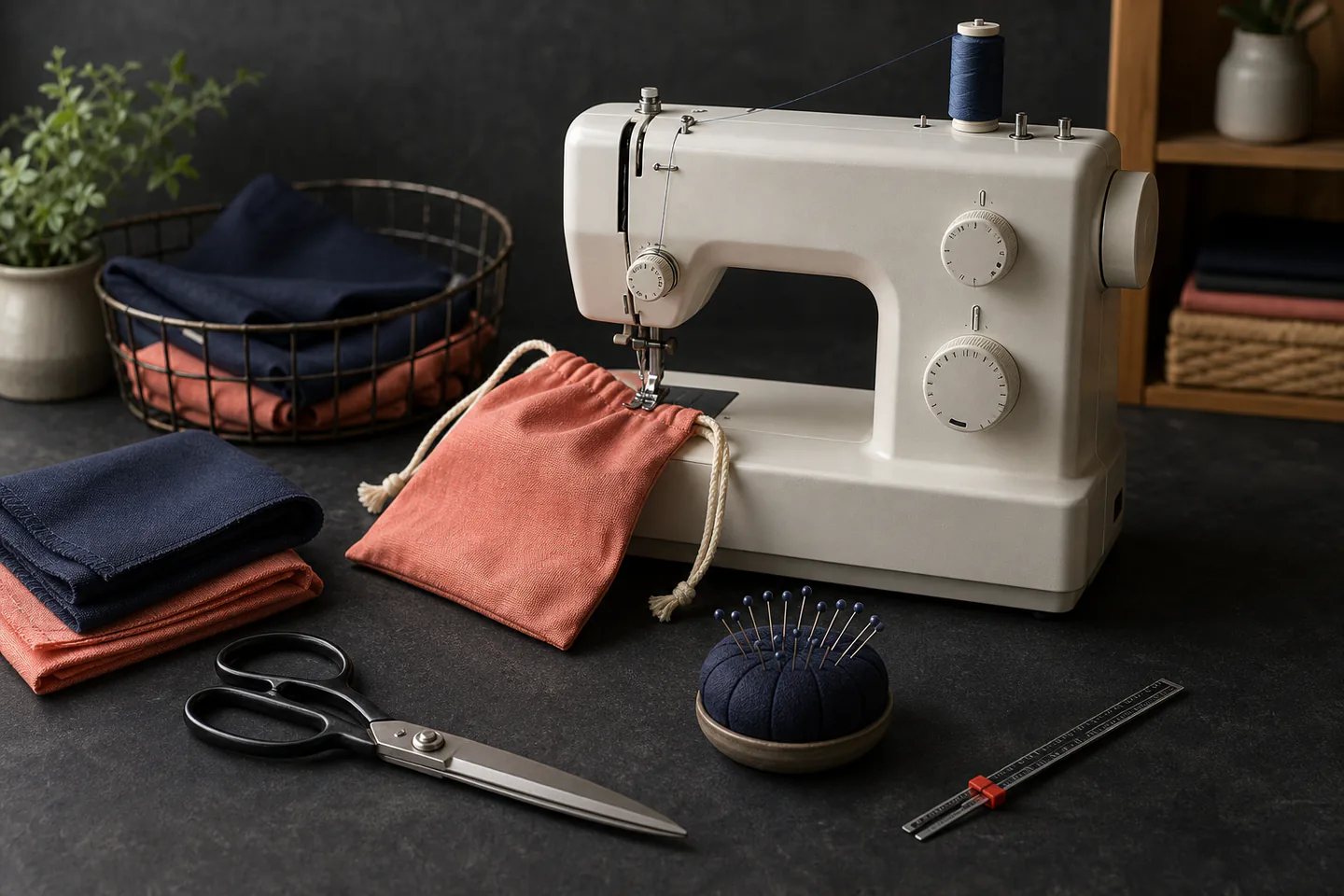 Mechanical sewing machine beside neatly cut cotton panels, dressmaking shears, thread and a pressed straight seam with no hands or text