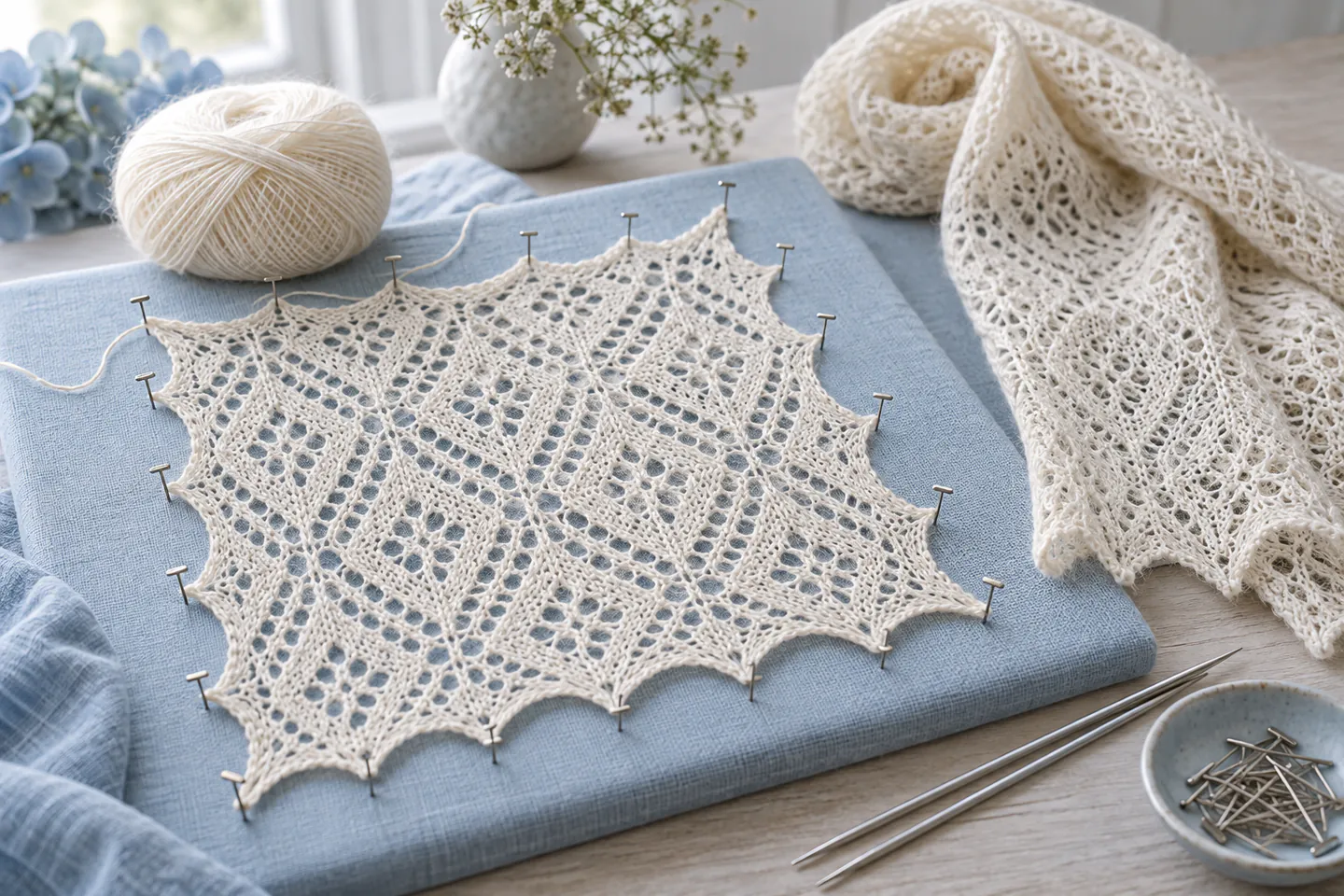 A delicate cream lace swatch blocked on a padded mat beside fine needles, laceweight yarn, rustproof pins and a scarf sample