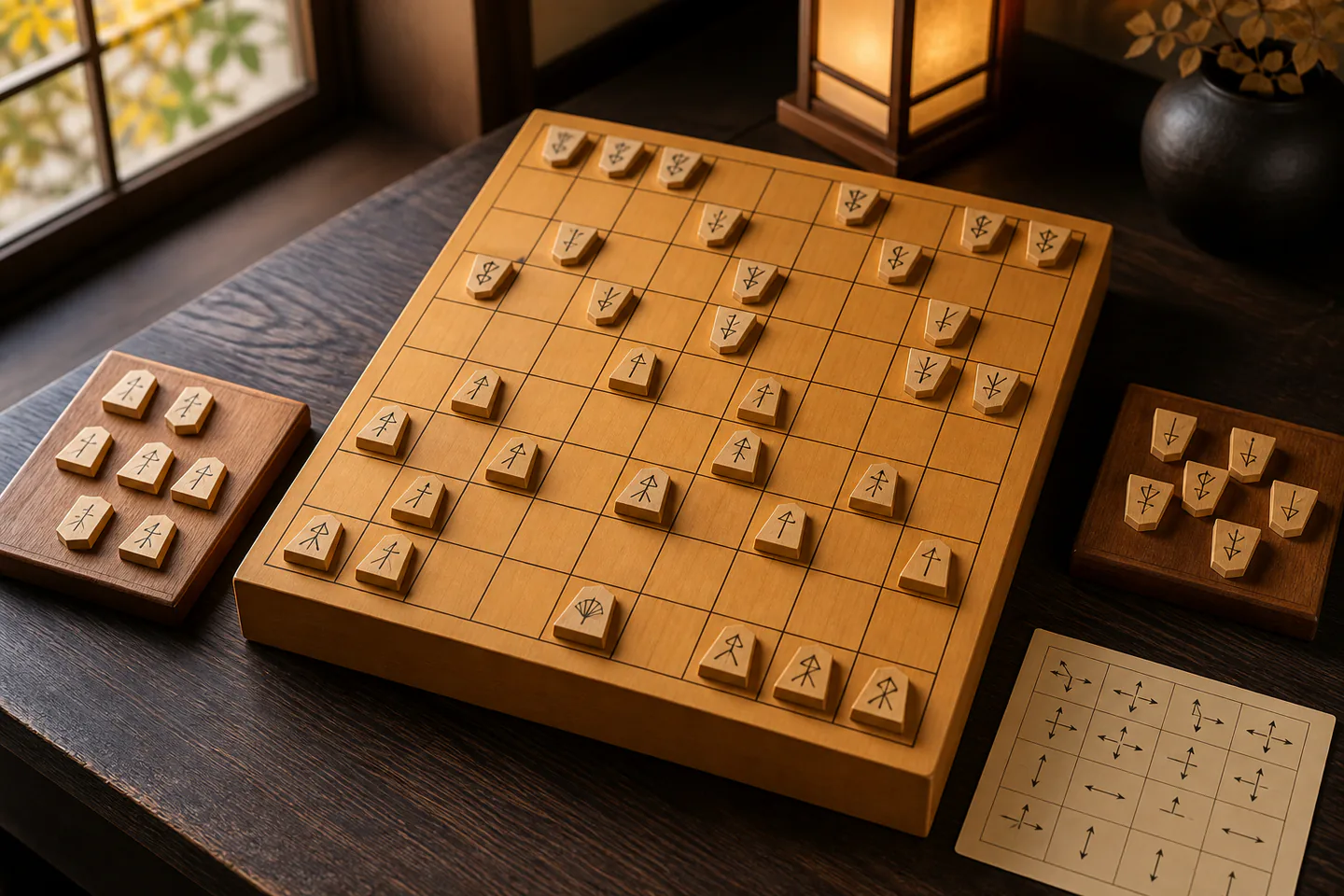 Traditional nine-by-nine shogi board with wedge-shaped pieces, captured-piece stands and a beginner reference card without readable text