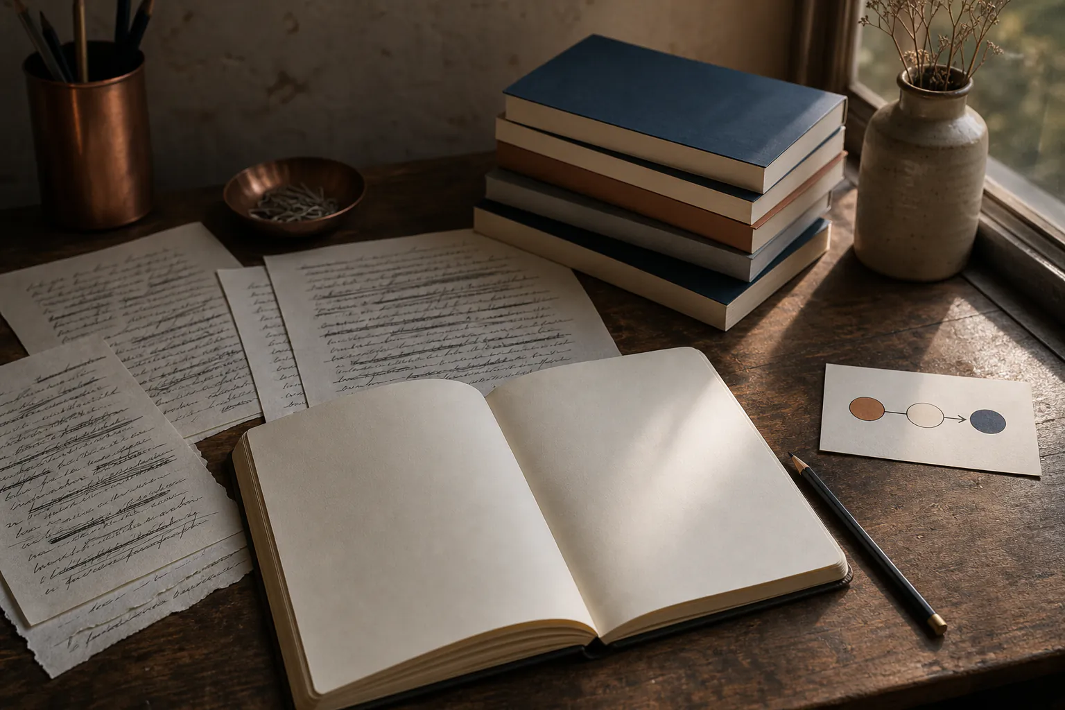 Open notebook with crossed-out manuscript pages, pencil and a small stack of story books without readable text