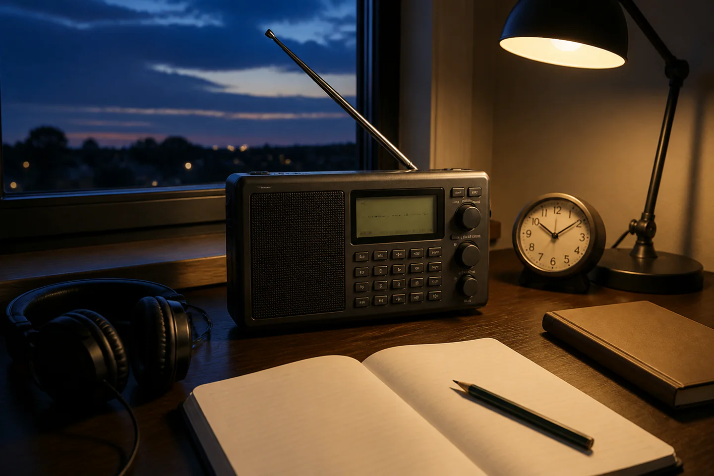Portable shortwave receiver with extended aerial beside a blank notebook, pencil, clock and headphones at dusk