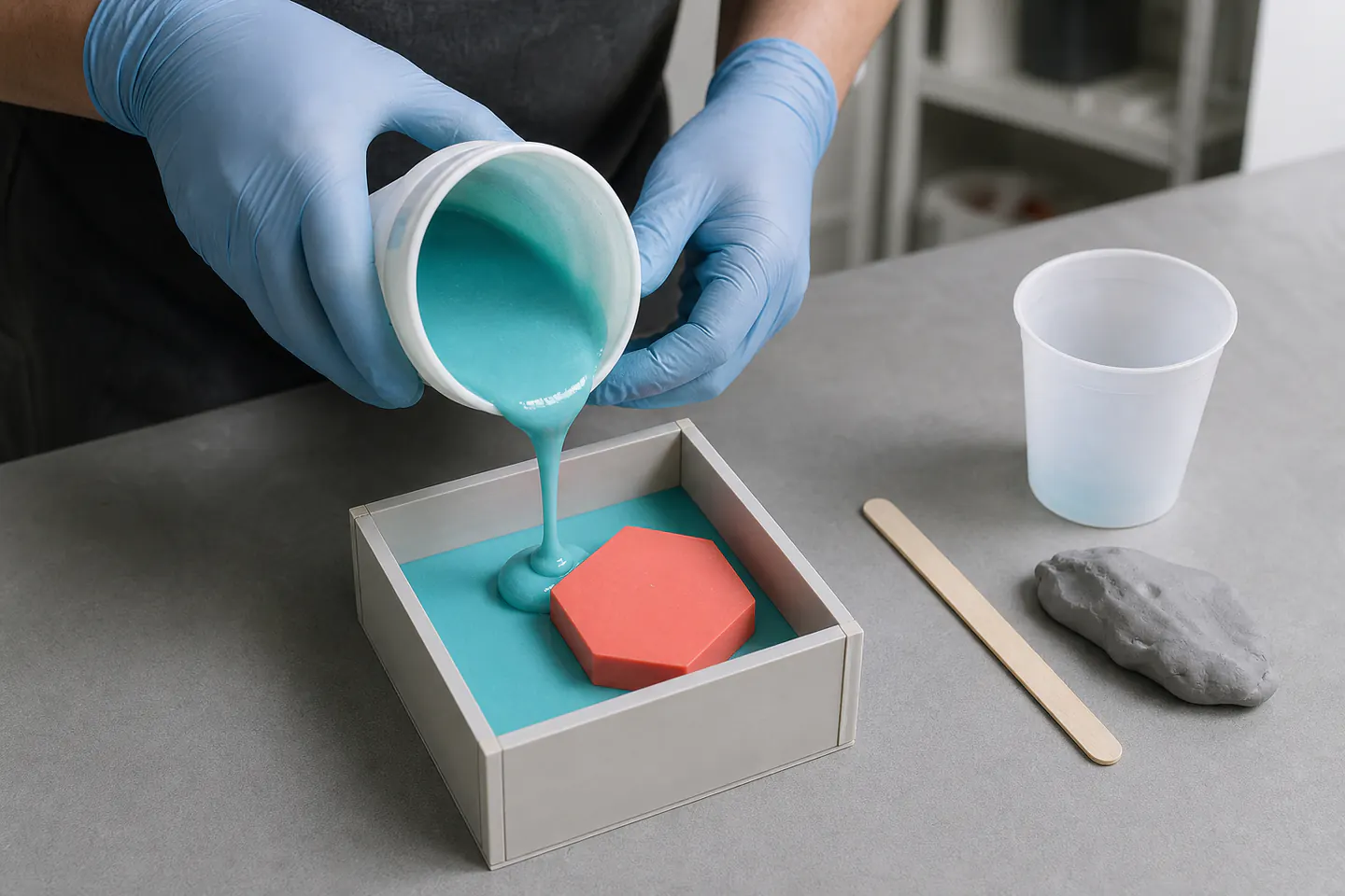 Gloved hands pouring coloured silicone into a small open-top mould box around a simple geometric master