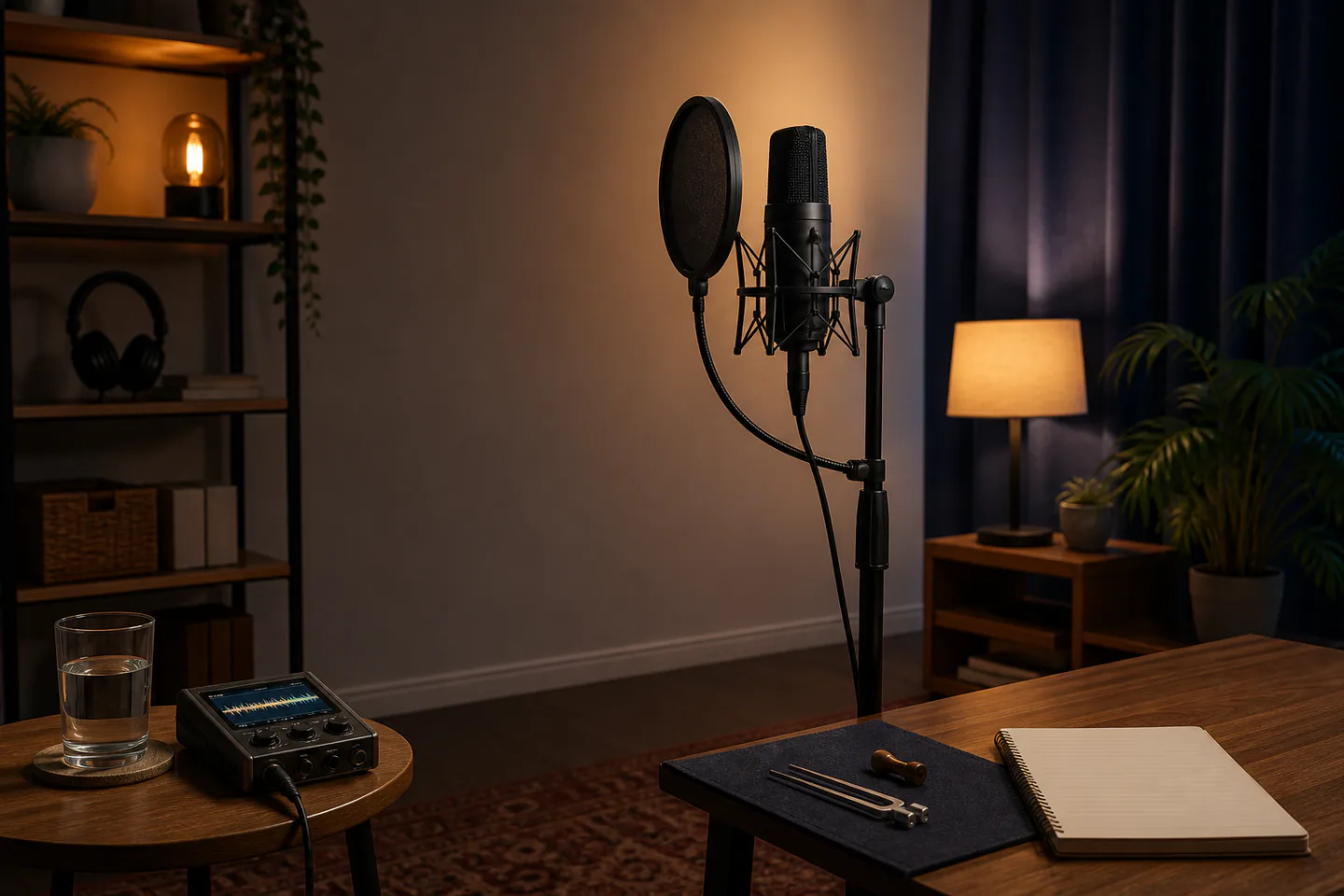 Empty home vocal practice corner with microphone on stand, water glass, closed headphones, piano keyboard and laptop showing plain waveform