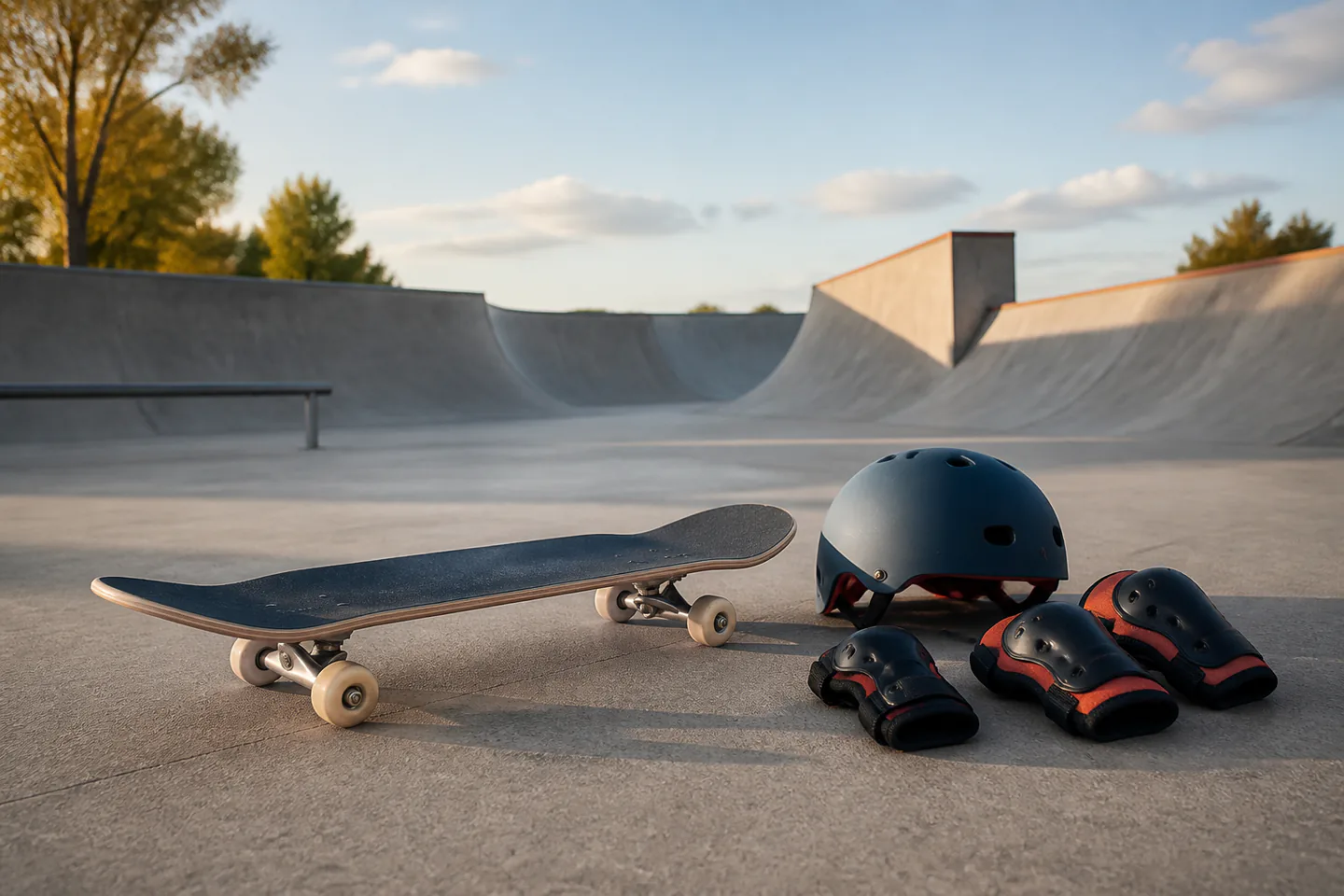 Full-size complete skateboard beside certified helmet, knee pads, elbow pads and wrist guards on an empty smooth skatepark surface with no people or text