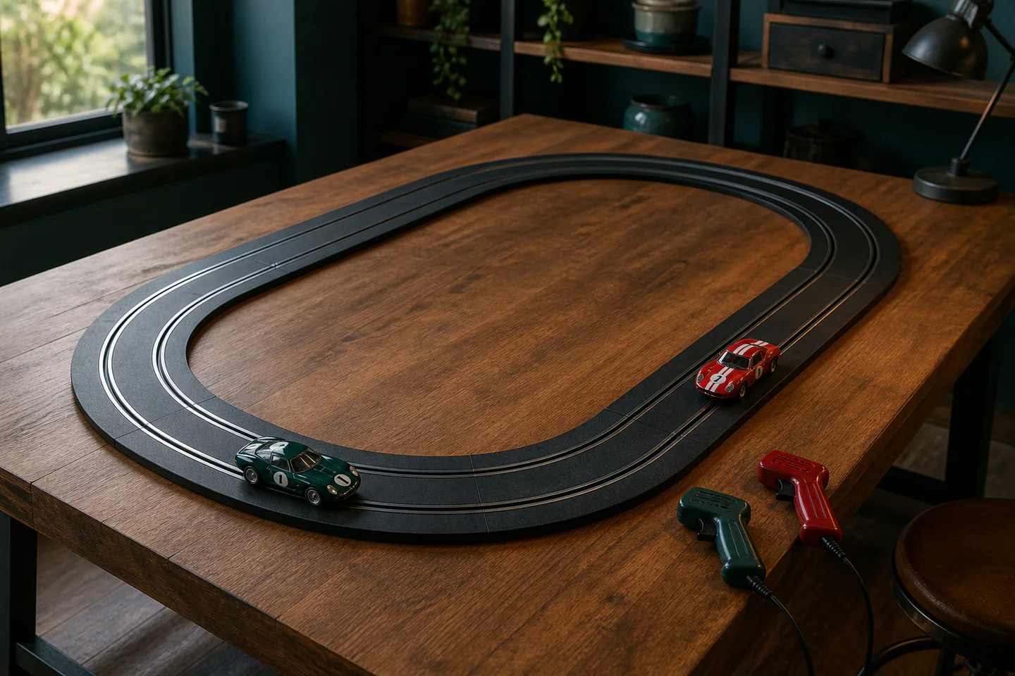 Continuous closed-loop two-lane slot-car circuit with two cars and two wired controllers resting beside the track