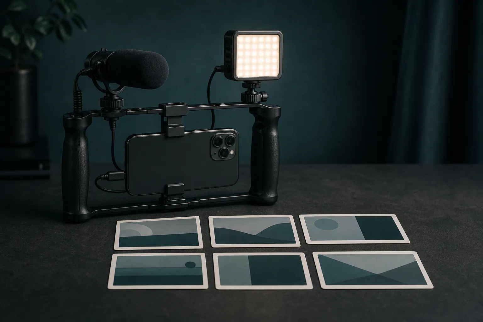 Smartphone in a simple video rig beside a compact microphone, small LED light and six blank storyboard cards with no text