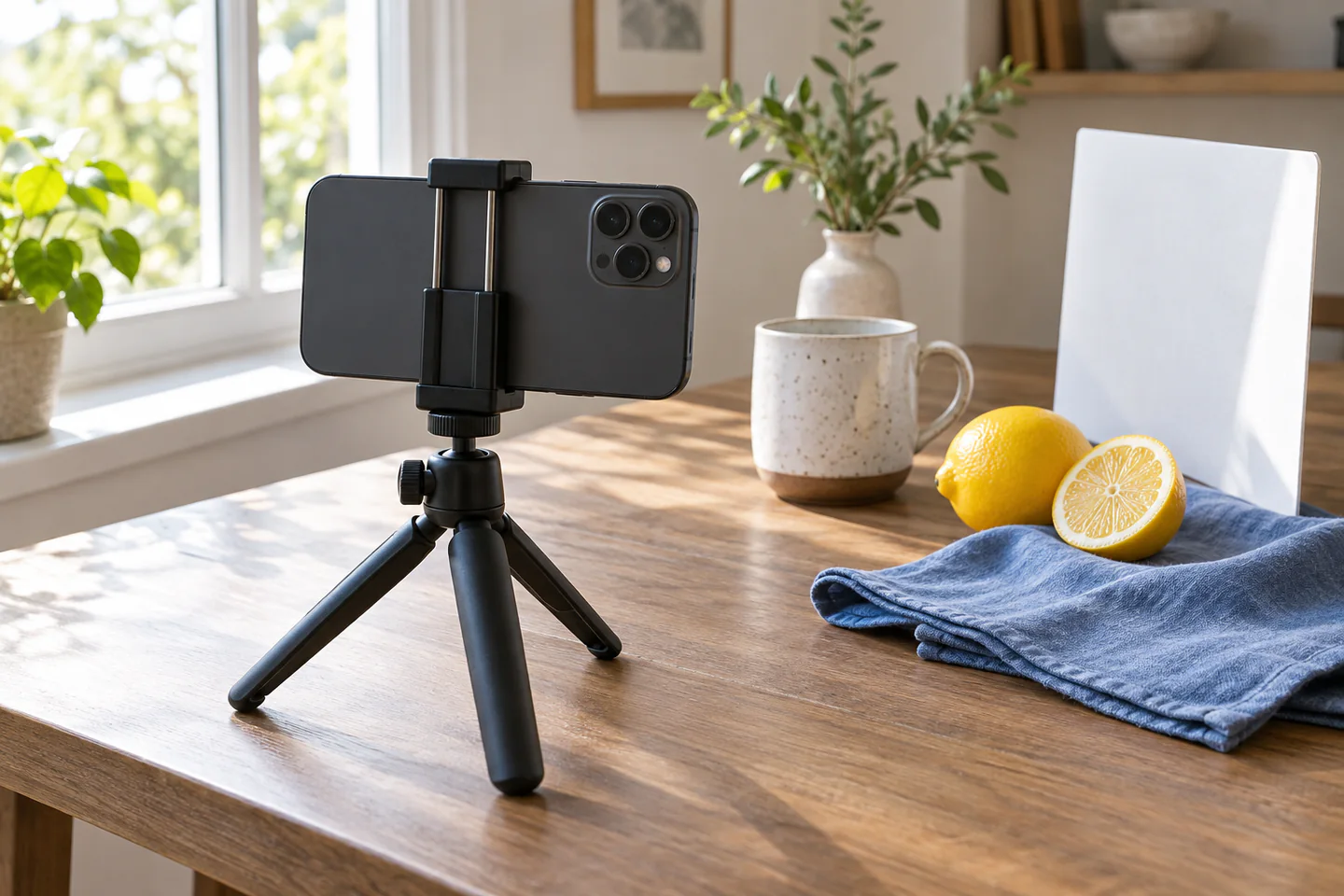 A carefully arranged beginner smartphone photography workspace showing the core materials, tools and one small finished example