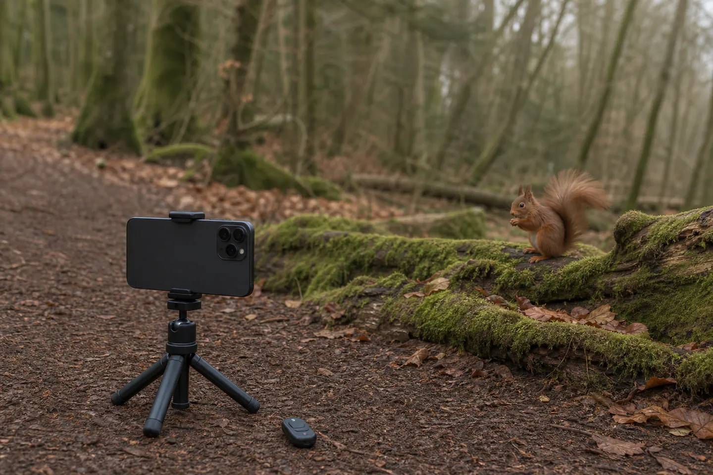 An unbranded smartphone on a small tripod photographing a red squirrel from a respectful distance in woodland