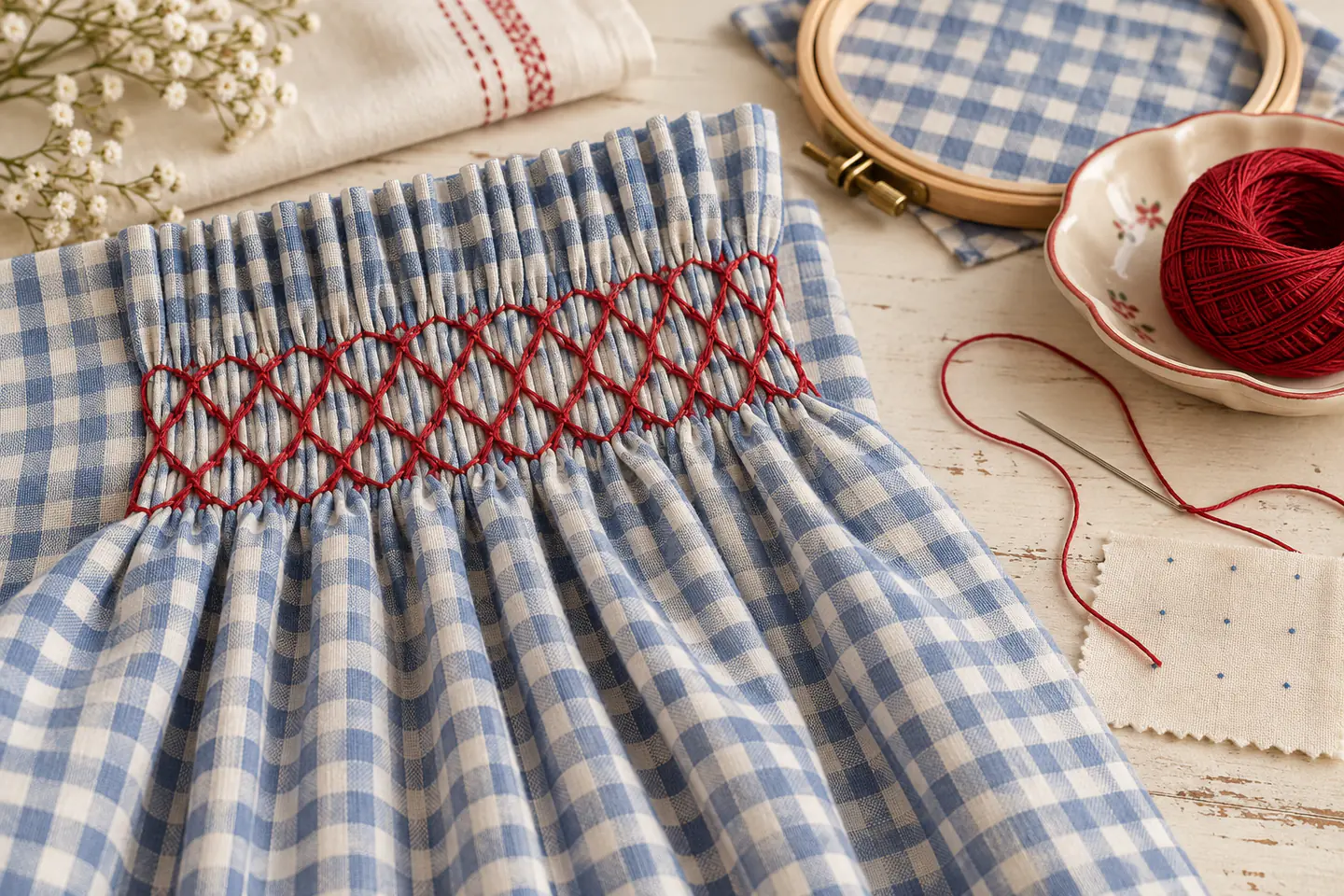 A gingham fabric sample evenly pleated and partly worked in red honeycomb smocking beside a hoop, needle and thread
