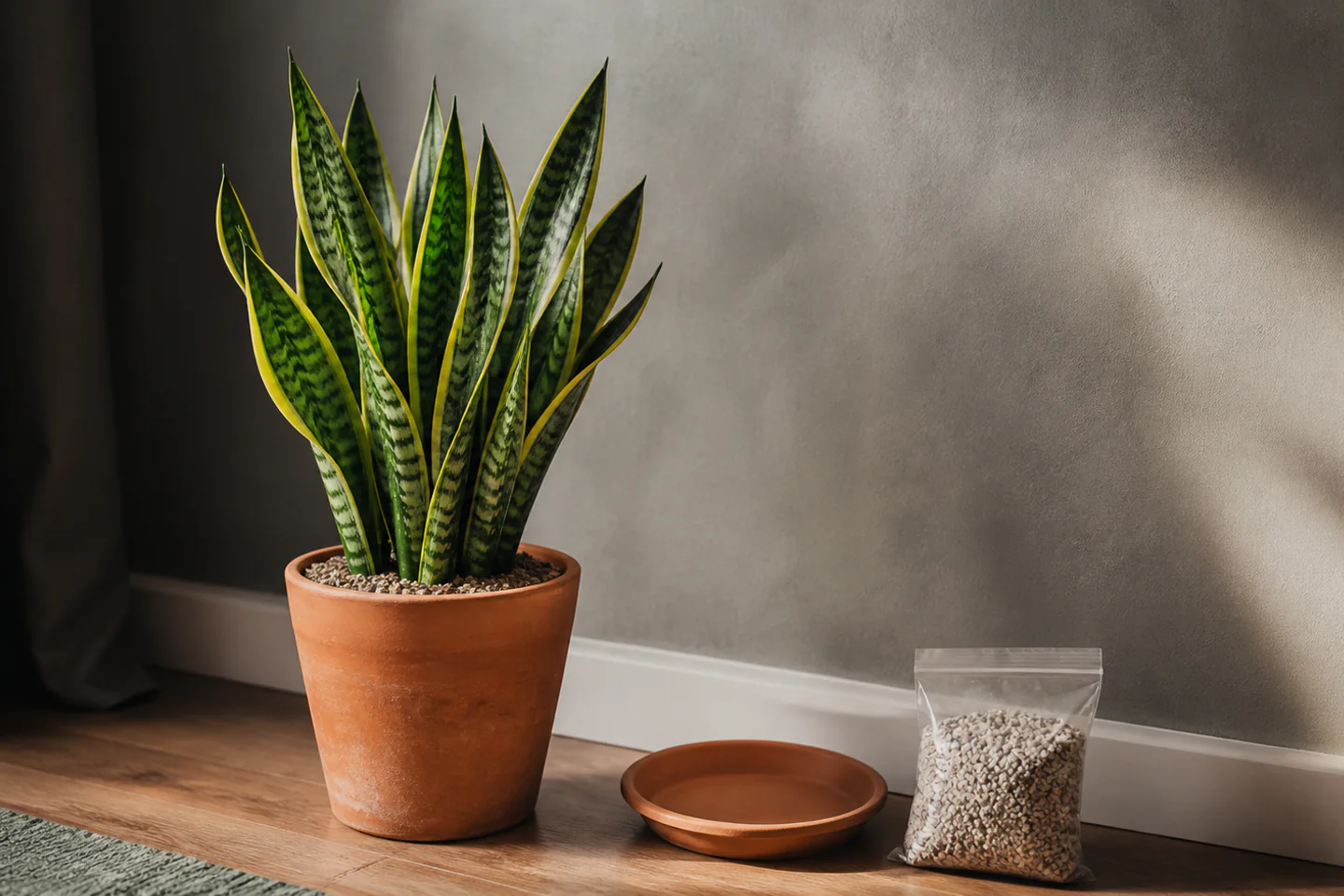 Upright snake plant in a terracotta pot with dry gritty compost beside an empty saucer