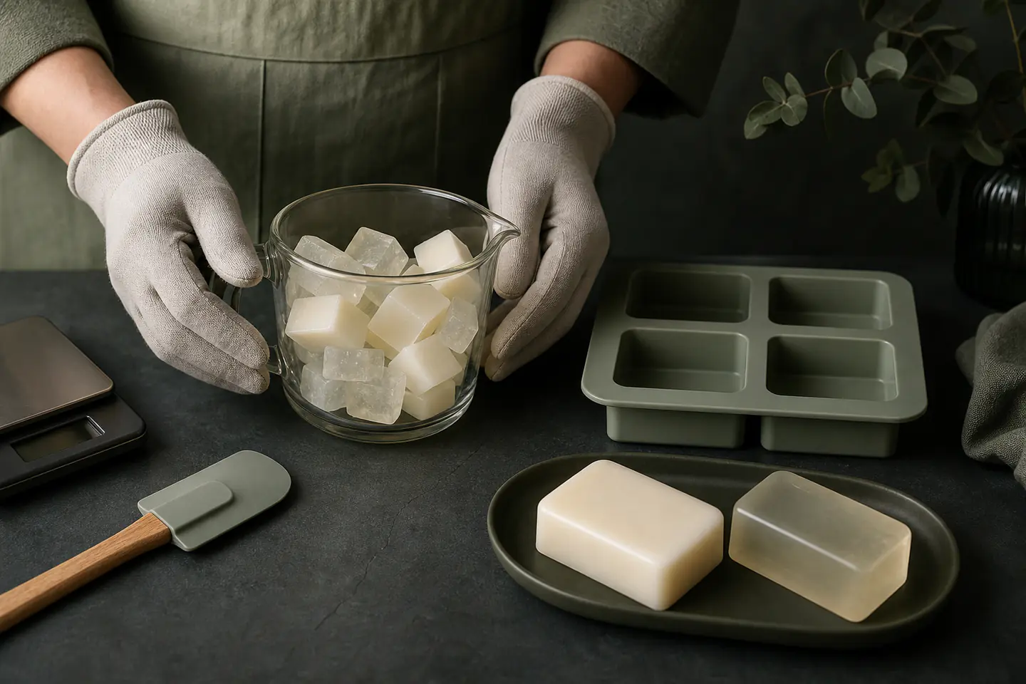 Two pale handmade soap bars beside a silicone mould and small cubes of clear melt-and-pour base on a dark work surface