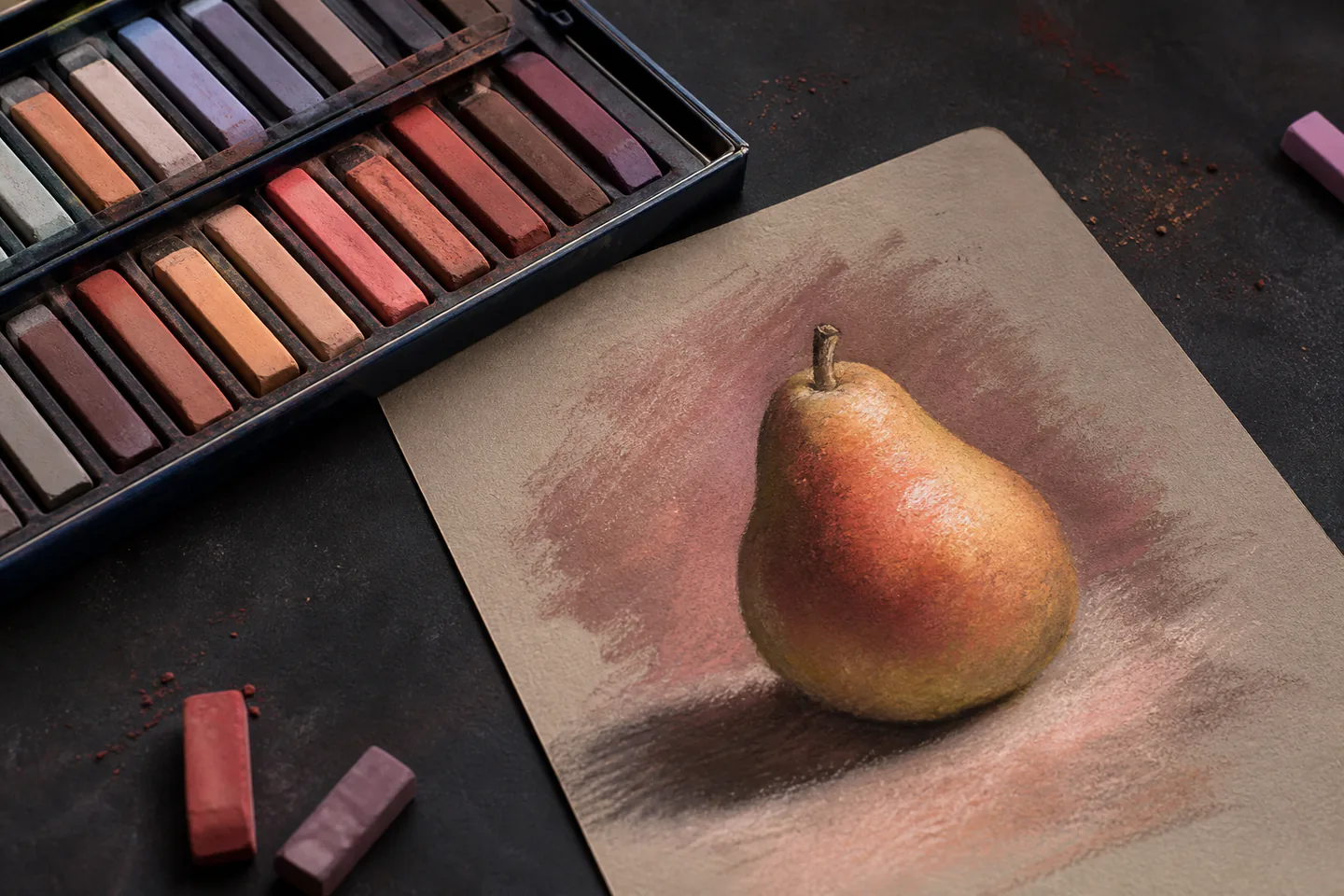 Soft pastel sticks beside a small layered pear drawing on warm toned pastel paper with a clean dark studio background and no people, logos or text