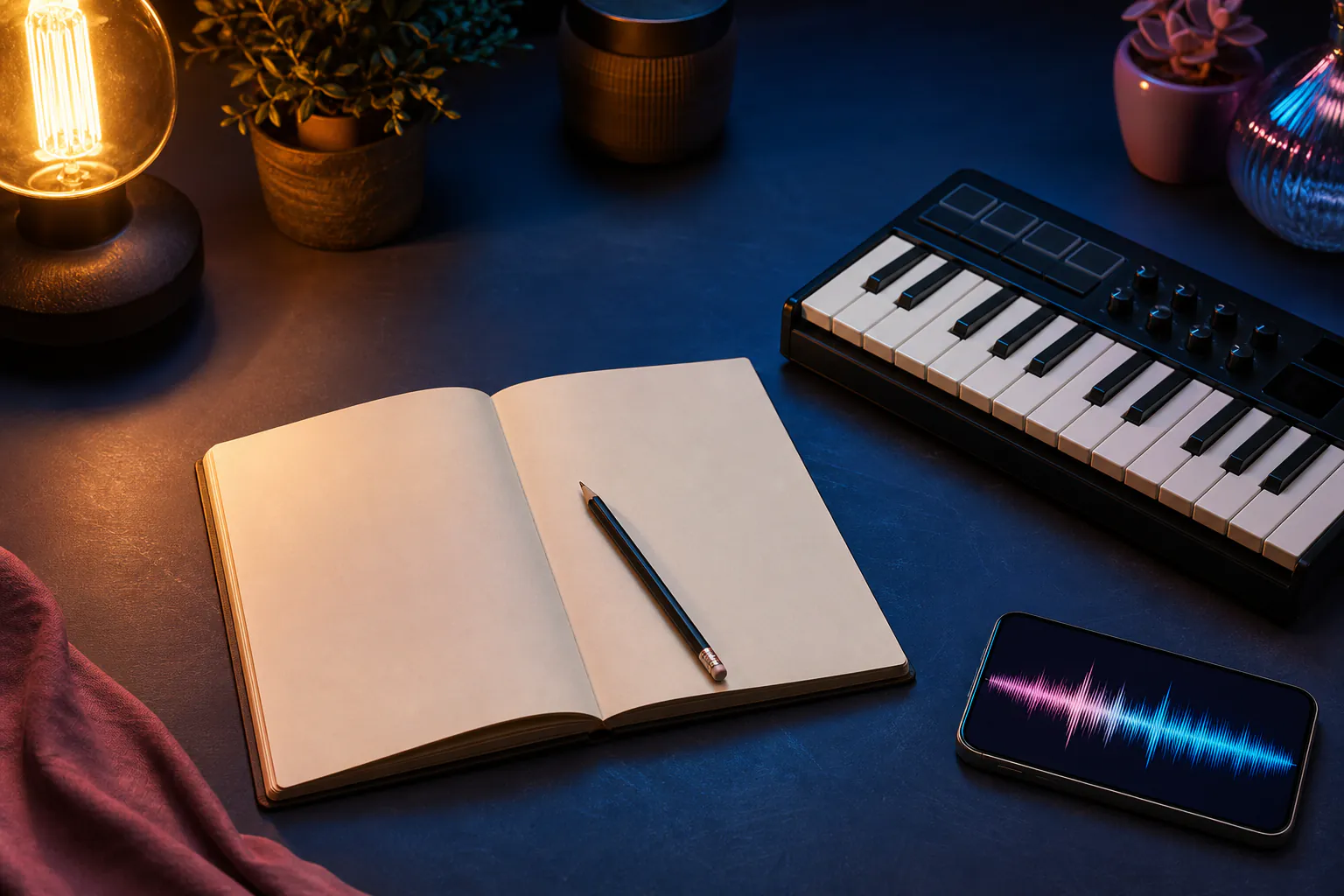 Phone displaying a voice-recording waveform beside a lyric notebook, pencil and small unplugged keyboard controller