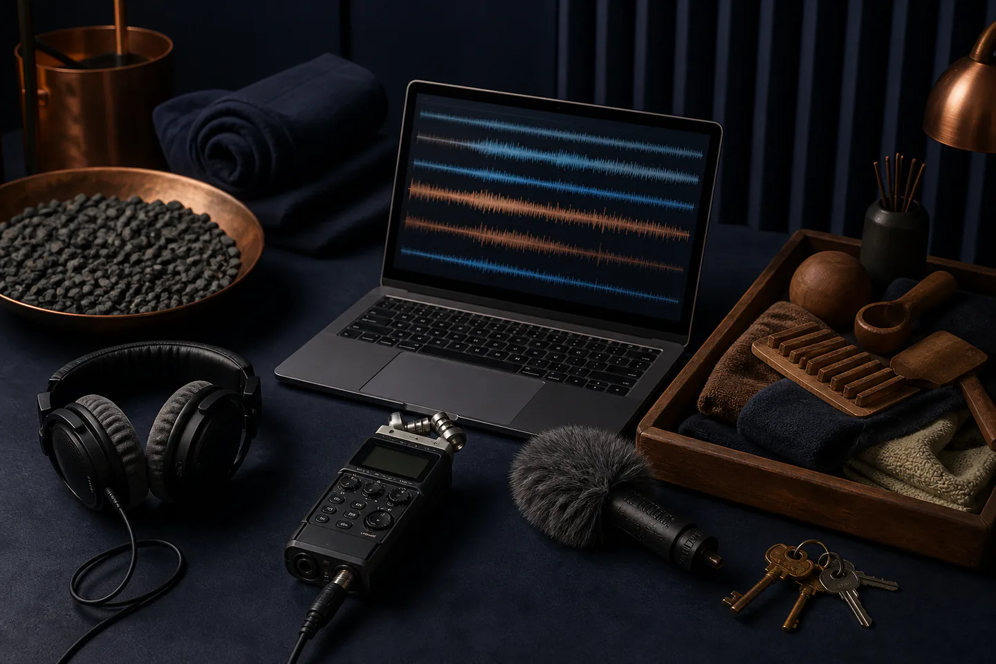 Field recorder, headphones and microphone beside keys, gravel, fabric and wooden Foley objects with layered waveforms on a laptop