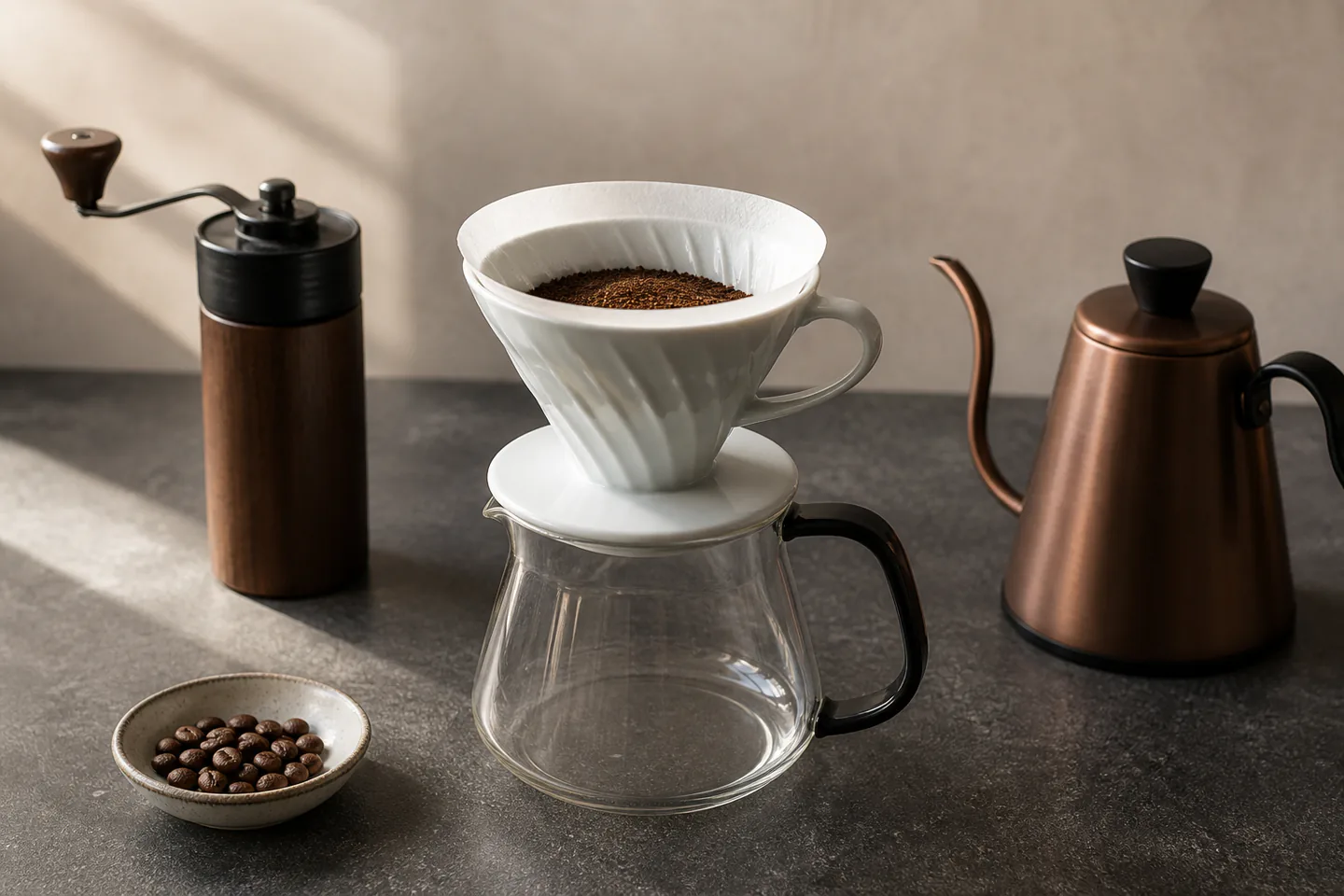 White conical coffee dripper with a paper filter and ground coffee seated on a clear glass server beside a hand grinder and kettle
