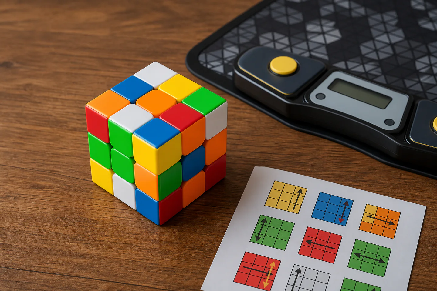 Stickerless three-by-three speed cube beside a timer mat and printed notation sheet on a clear practice table