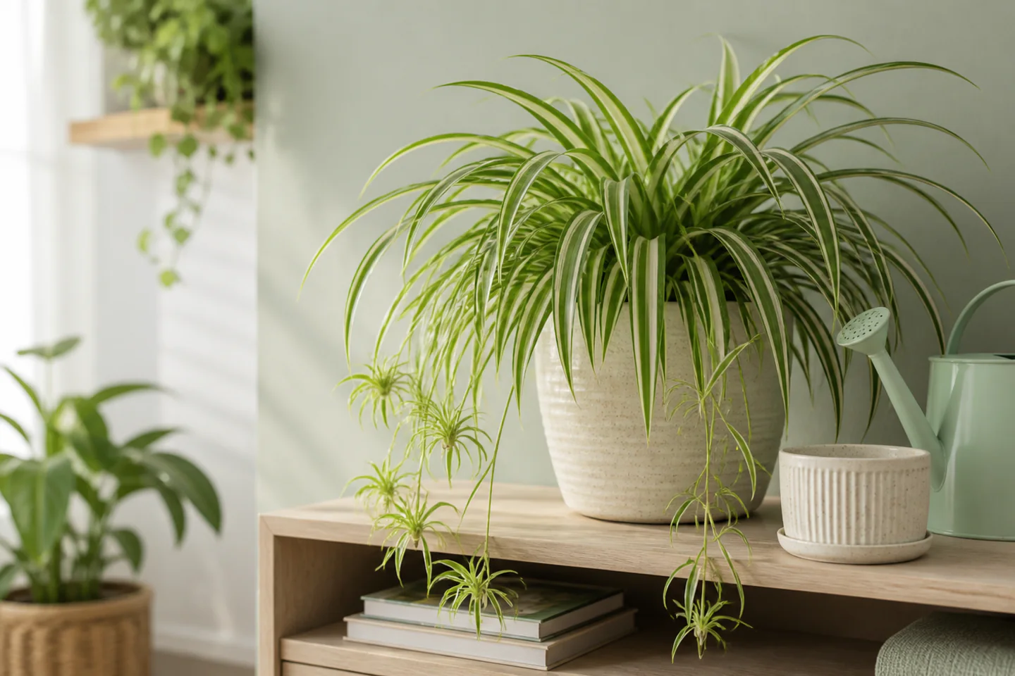 Mature spider plant with arching runners and plantlets beside a small watering can and propagation pot
