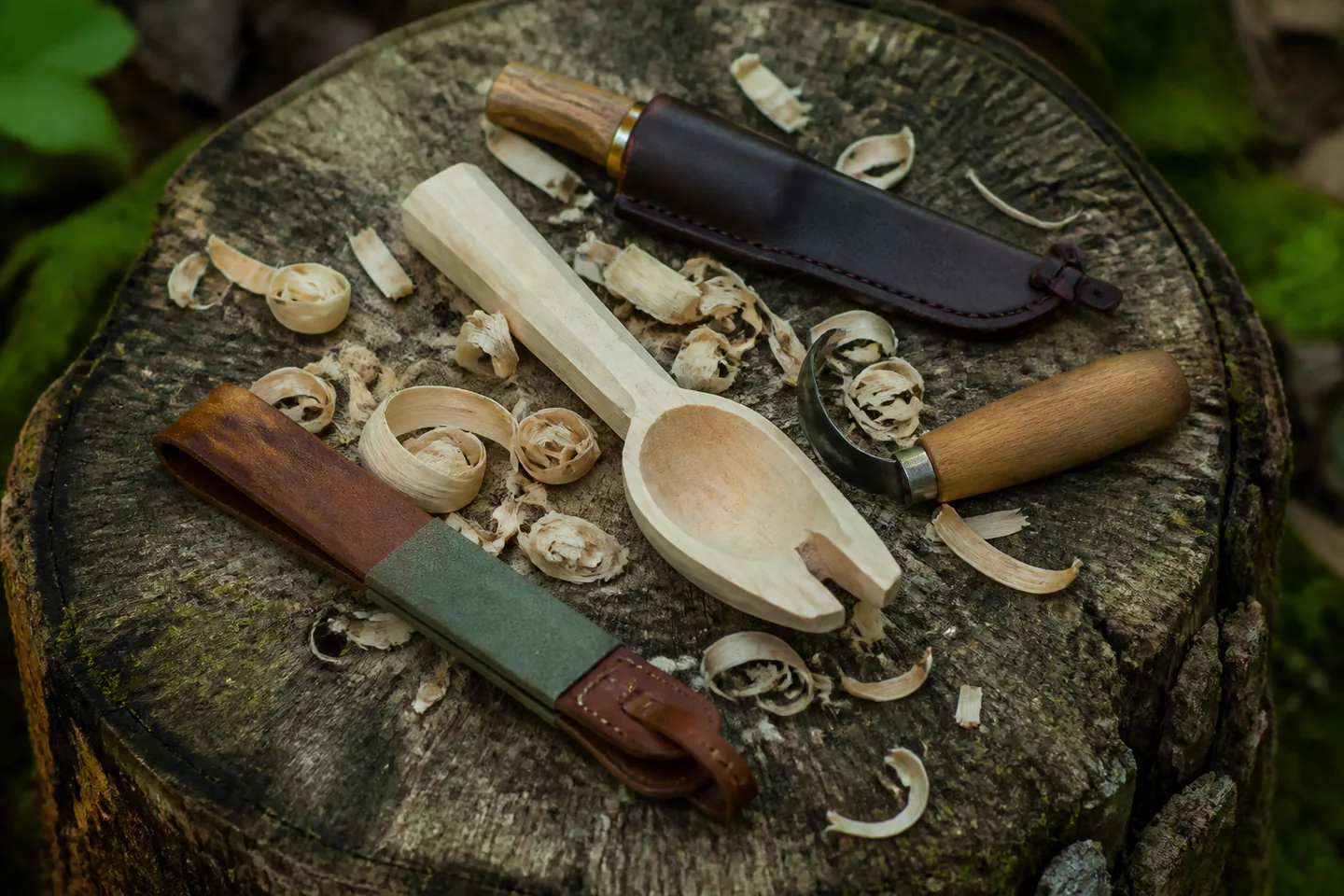 Part-carved wooden spoon blank beside straight carving knife, hook knife, strop and curled wood shavings on a stump