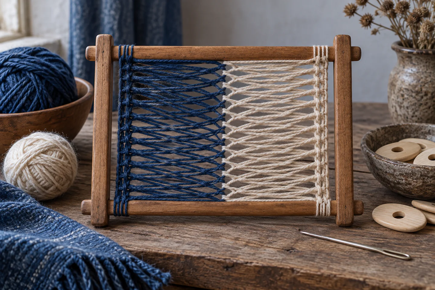 A rectangular wooden frame holding open zigzag sprang fabric growing from both ends with yarn, spacers and blunt needle nearby