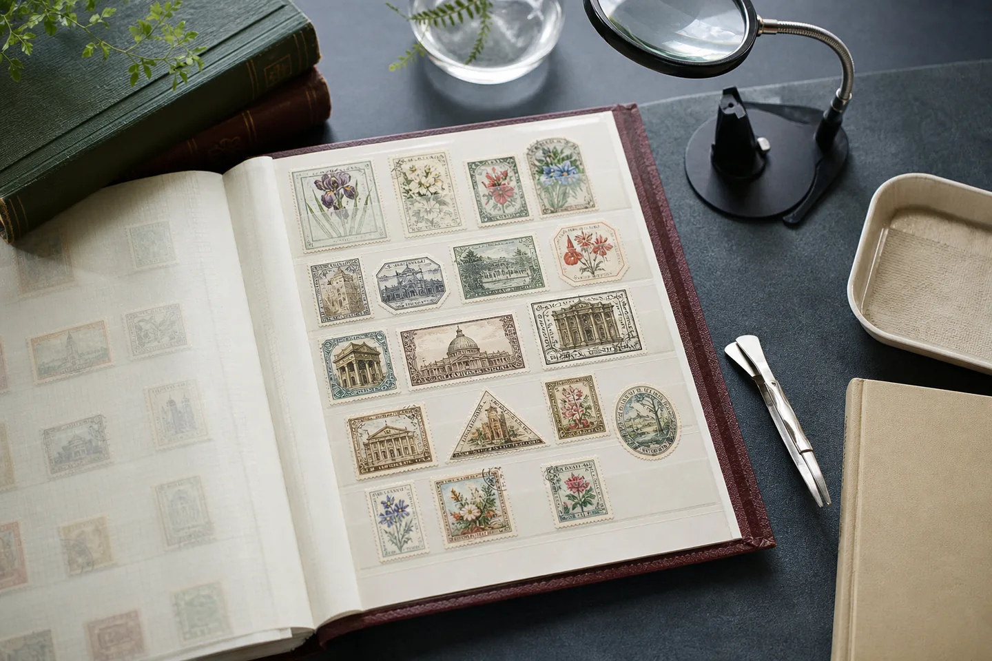 Open stamp stockbook with a small themed collection beside stamp tongs, watermark tray, magnifier and catalogue