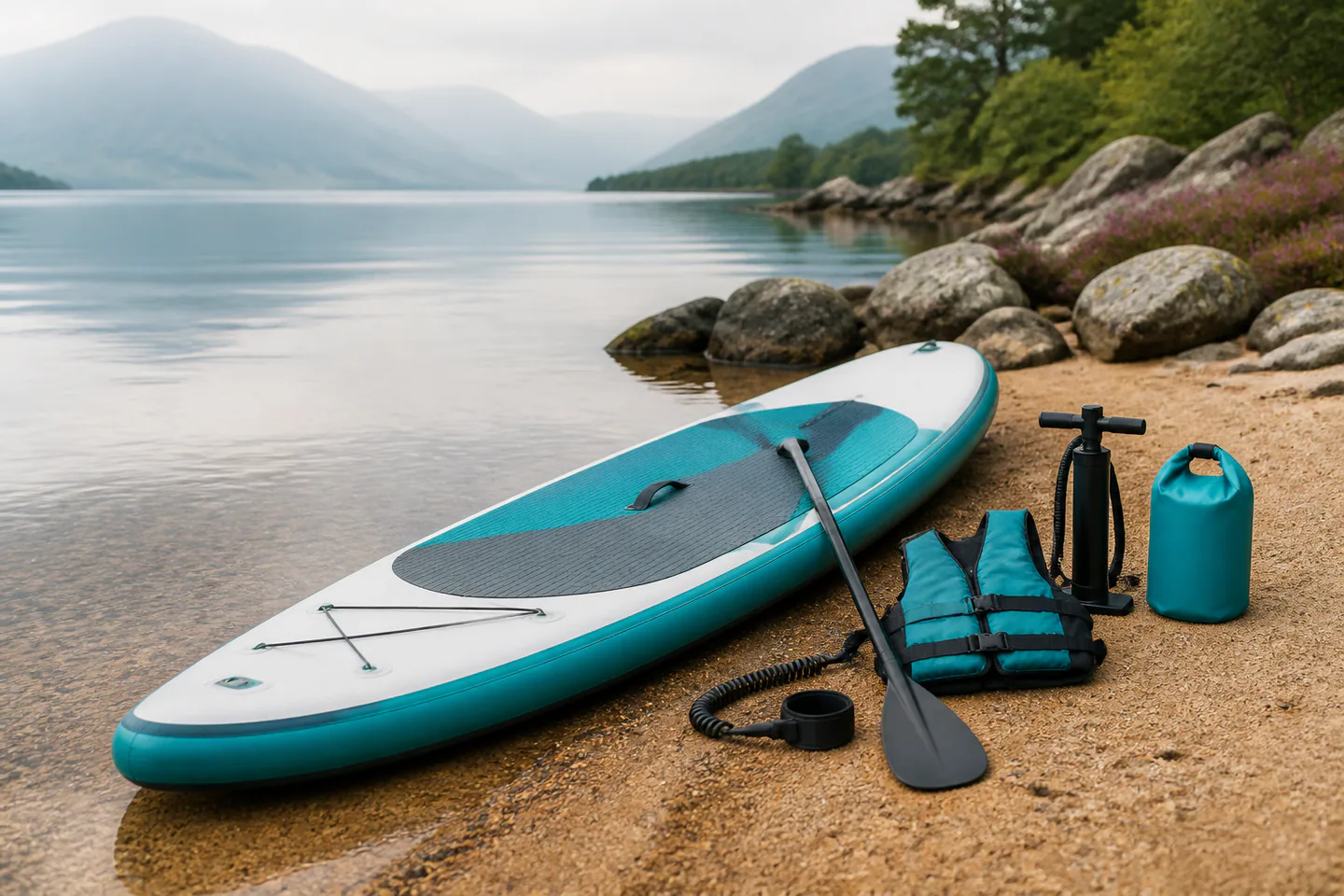 Inflatable all-round stand-up paddleboard at a calm sheltered shore beside paddle, fitted buoyancy aid, coiled leash, pump and waterproof phone pouch with no people or text