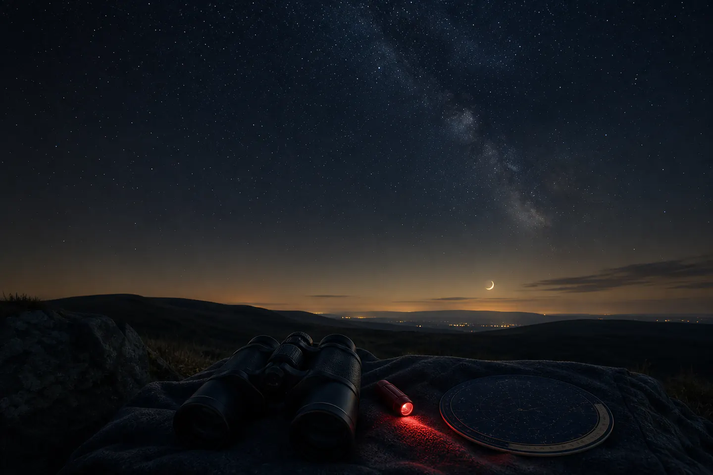 Binoculars, a dim red torch and planisphere beneath a realistic dark British night sky and crescent Moon