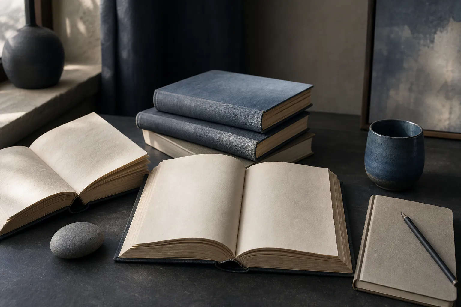 Three well-used classical philosophy books beside a plain notebook and pencil on a calm desk without visible writing