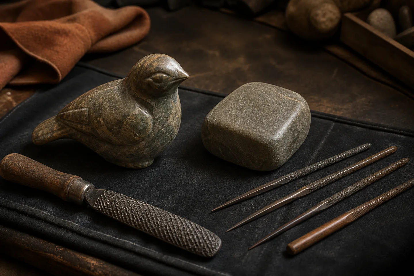 Small rounded soapstone bird beside hand rasp and carving knife on a folded cloth over a dark workbench with no power tools, people, logos or text