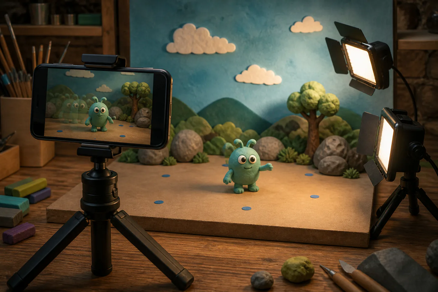 Smartphone locked on a tripod facing a small tabletop set with modelling clay figure, two LED lights and numbered position markers