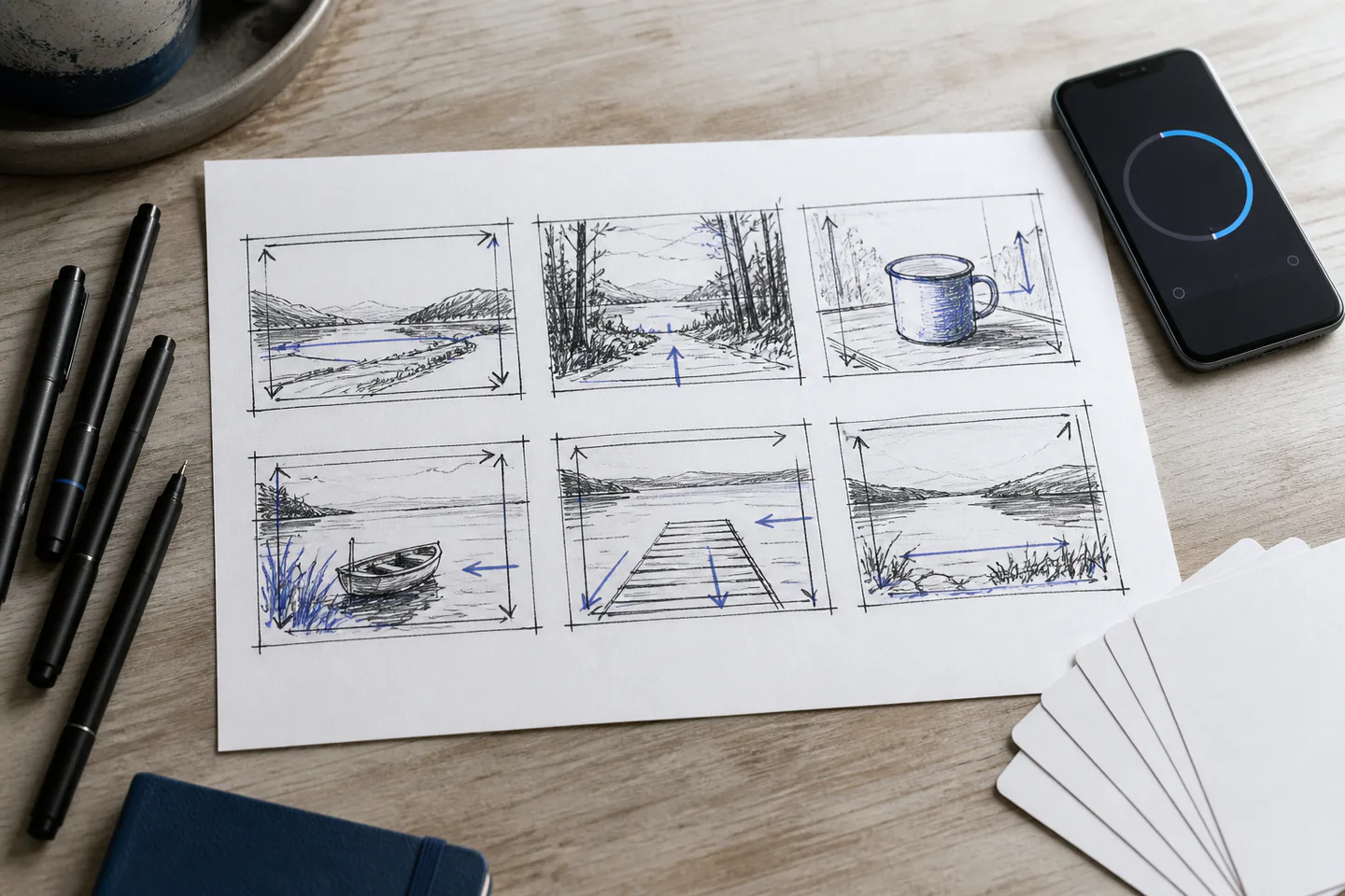 Six-panel storyboard sheet with simple non-readable thumbnail drawings beside fineliners, index cards and a phone used as an animatic timer