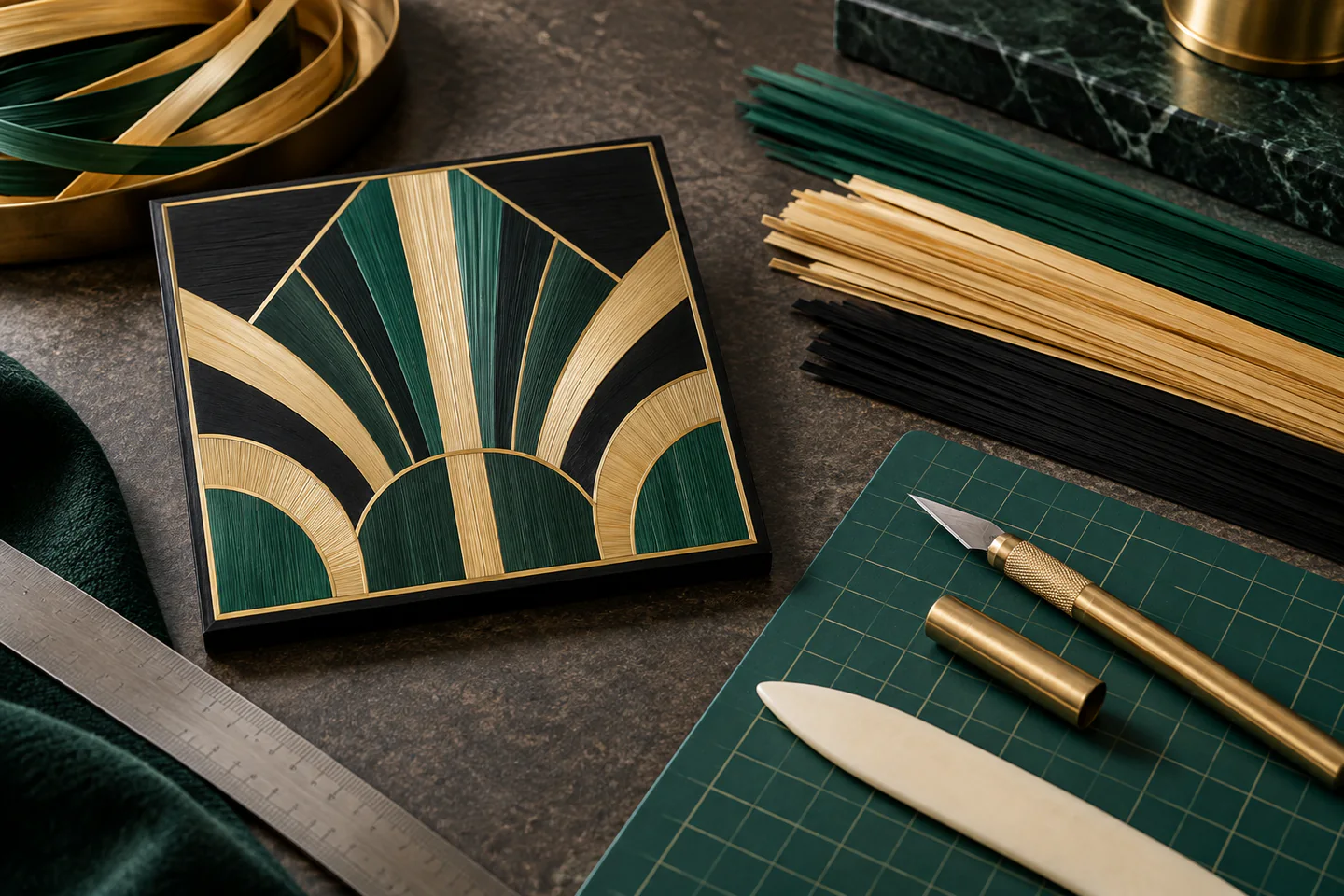 A geometric decorative panel made from flattened dyed rye straw beside sorted strips, ruler, capped knife and bone folder