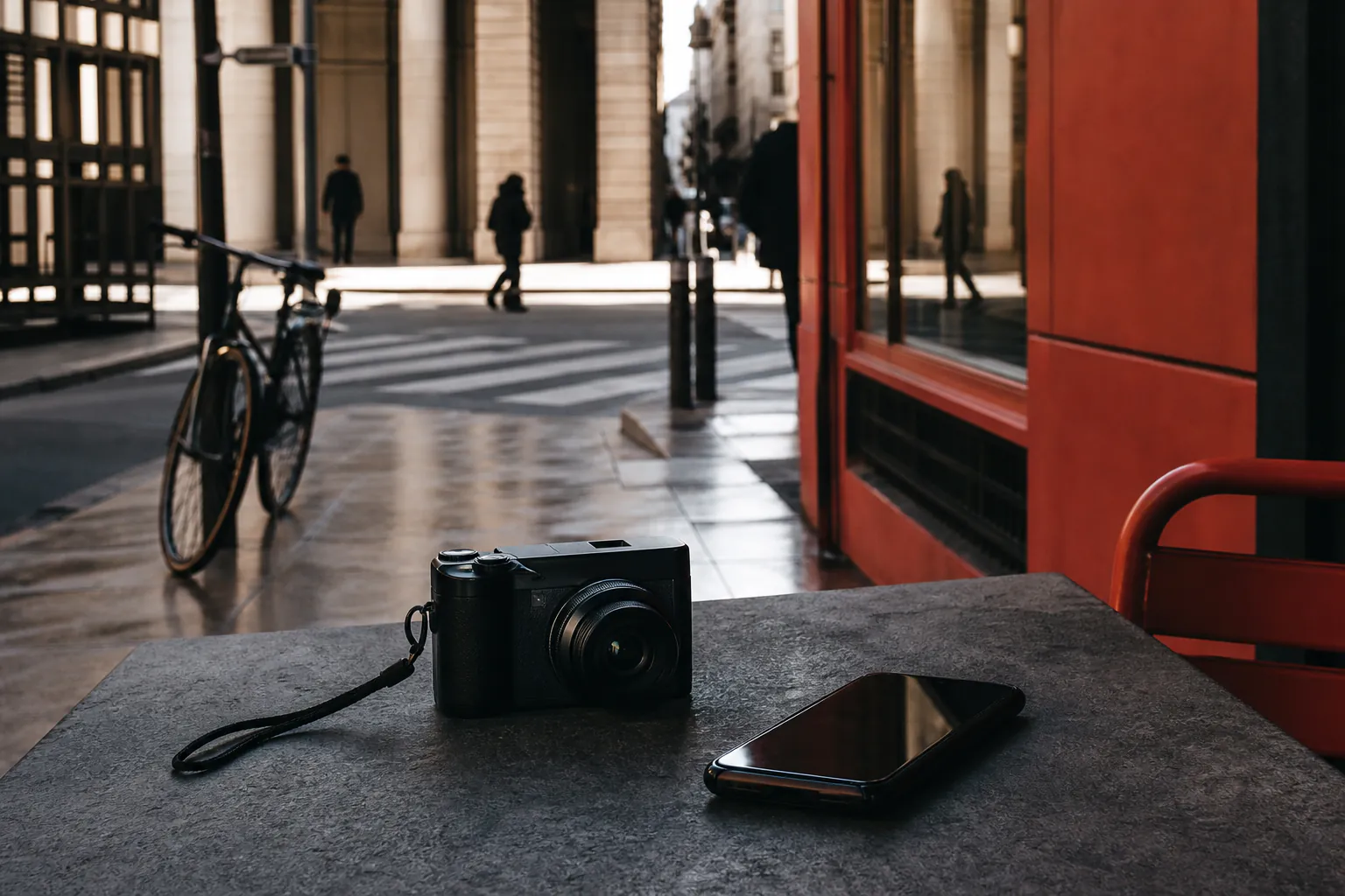 Compact camera and smartphone beside a small map on a café table overlooking a public street with distant unidentifiable figures and no text
