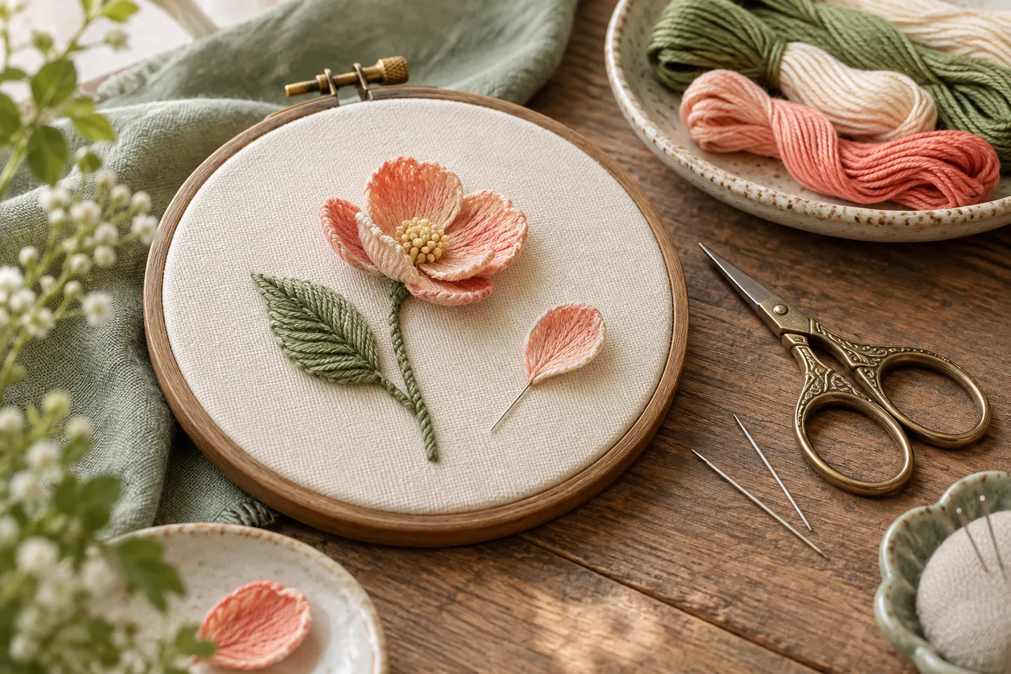 A cream linen hoop with one dimensional embroidered flower, wired detached petal, fine scissors, needles and a limited thread palette