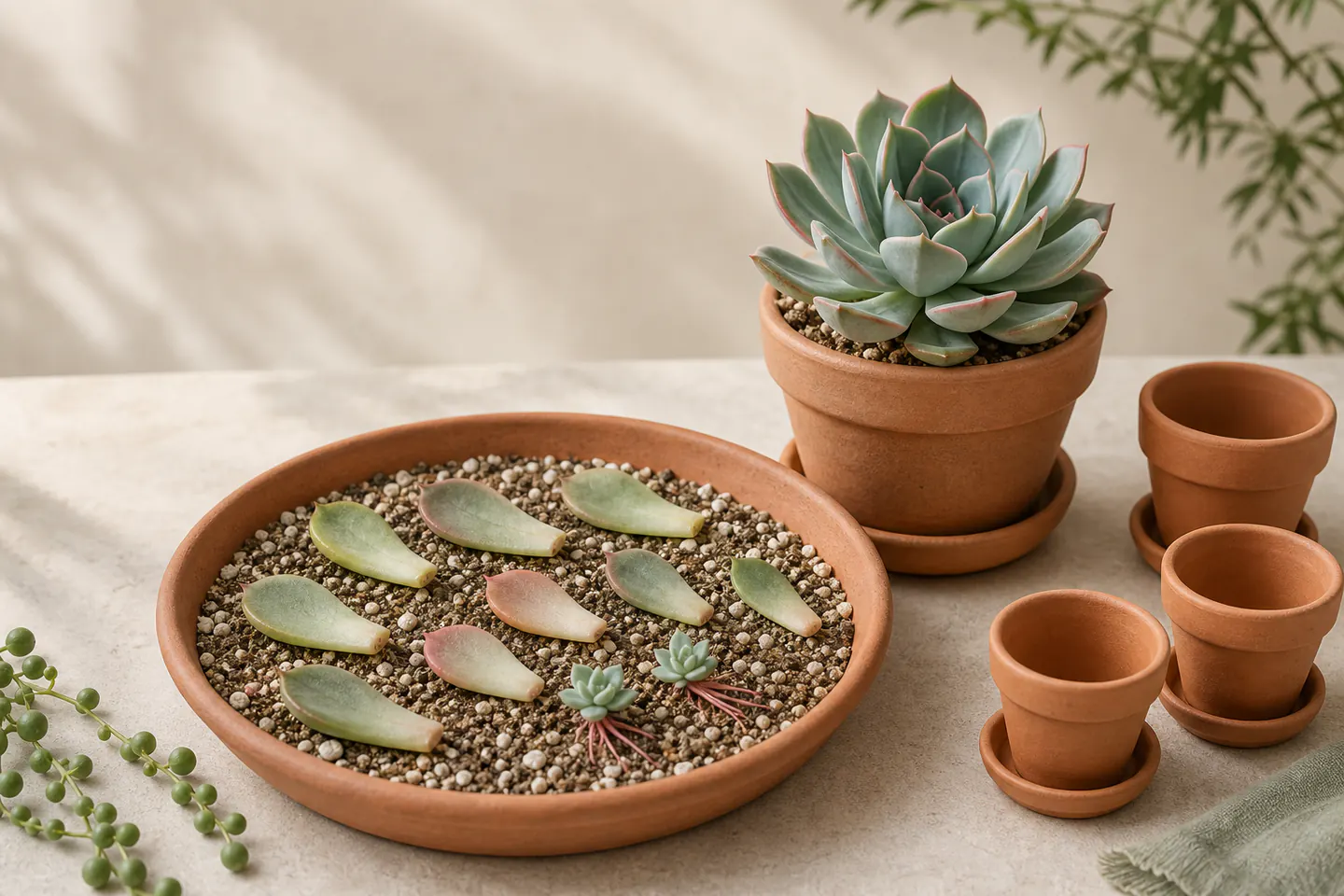 Echeveria leaves producing small roots and rosettes on gritty mix beside a healthy parent plant and terracotta pots