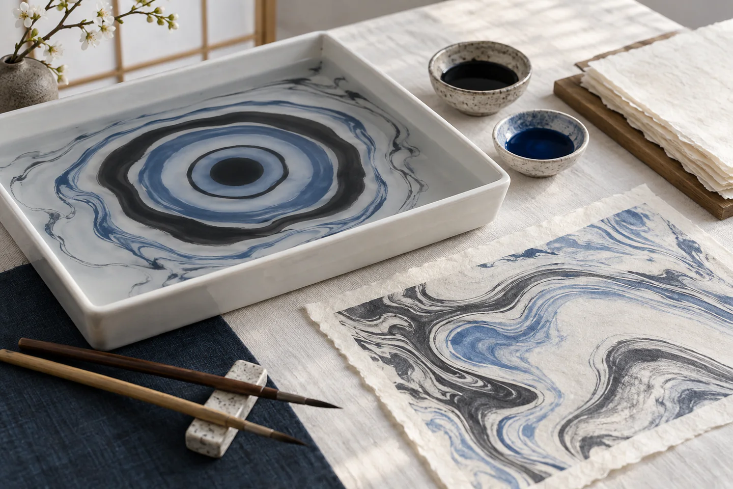 A shallow tray with concentric black and blue floating ink rings beside fine brushes, absorbent paper and one finished marbled print