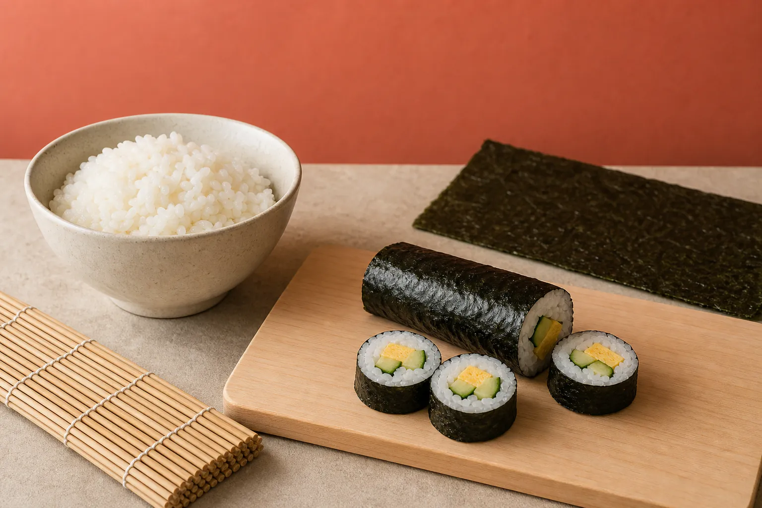Neat vegetable maki sushi roll on a bamboo mat beside seasoned rice, nori and sliced cucumber with no text