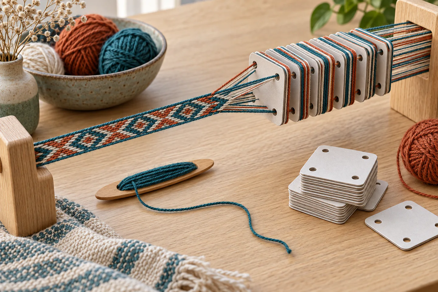 A card-weaving setup with square four-hole tablets, tensioned warp, a narrow geometric band, shuttle and yarn on a pale table