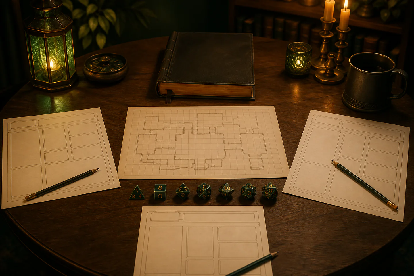 Fantasy tabletop role-playing setup with polyhedral dice, blank character sheets, simple map and generic tokens arranged for a first session with no people or readable text