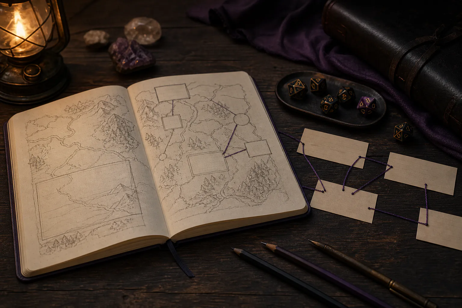 Game-master notebook with a hand-drawn dungeon map, index cards, pencils and plain dice on a dark table with no readable text