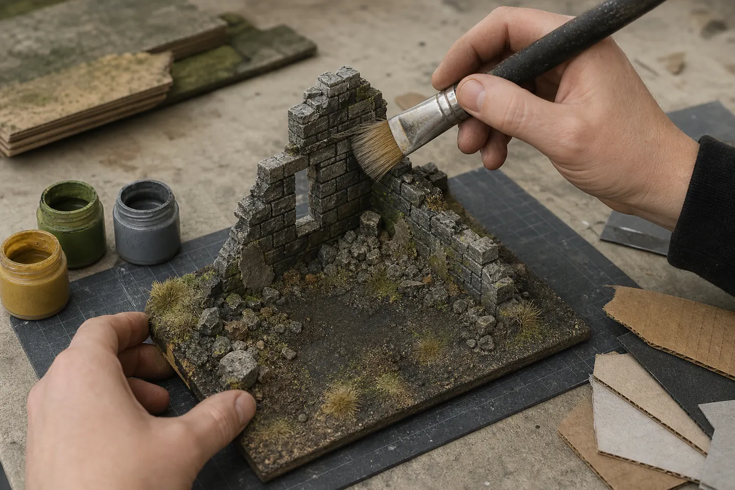 Hands drybrushing a small ruined stone wall on a textured tabletop gaming base