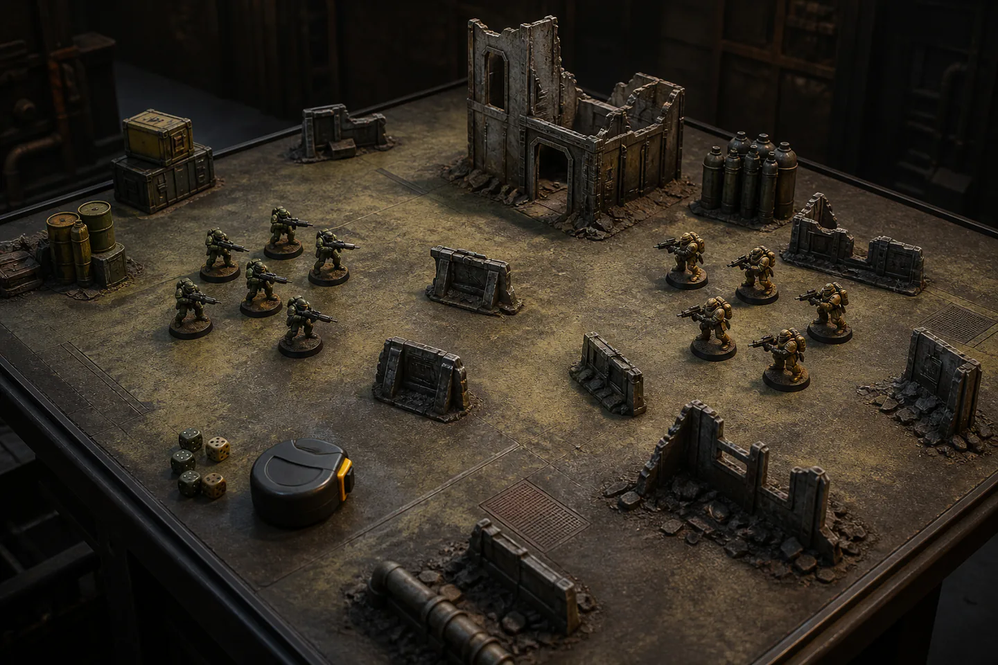 Small tabletop battlefield with two clearly different generic miniature forces, dice, ruler and simple terrain arranged for a beginner game with no people or logos