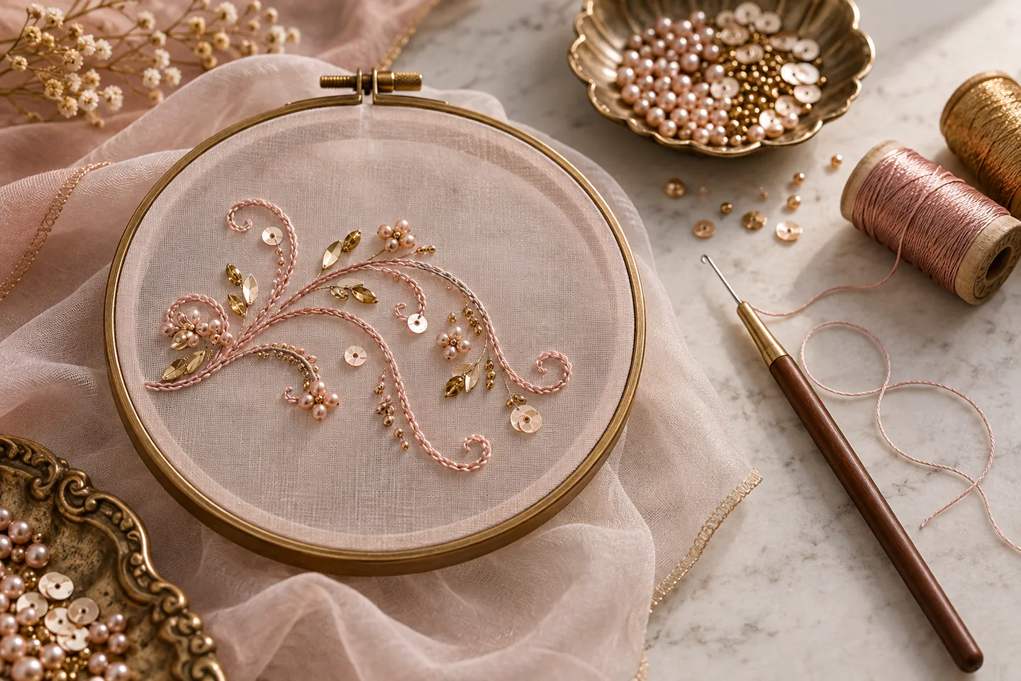 Sheer organza in a round frame with a flowing chain-stitch motif, a few beads, a fine tambour hook and thread spools