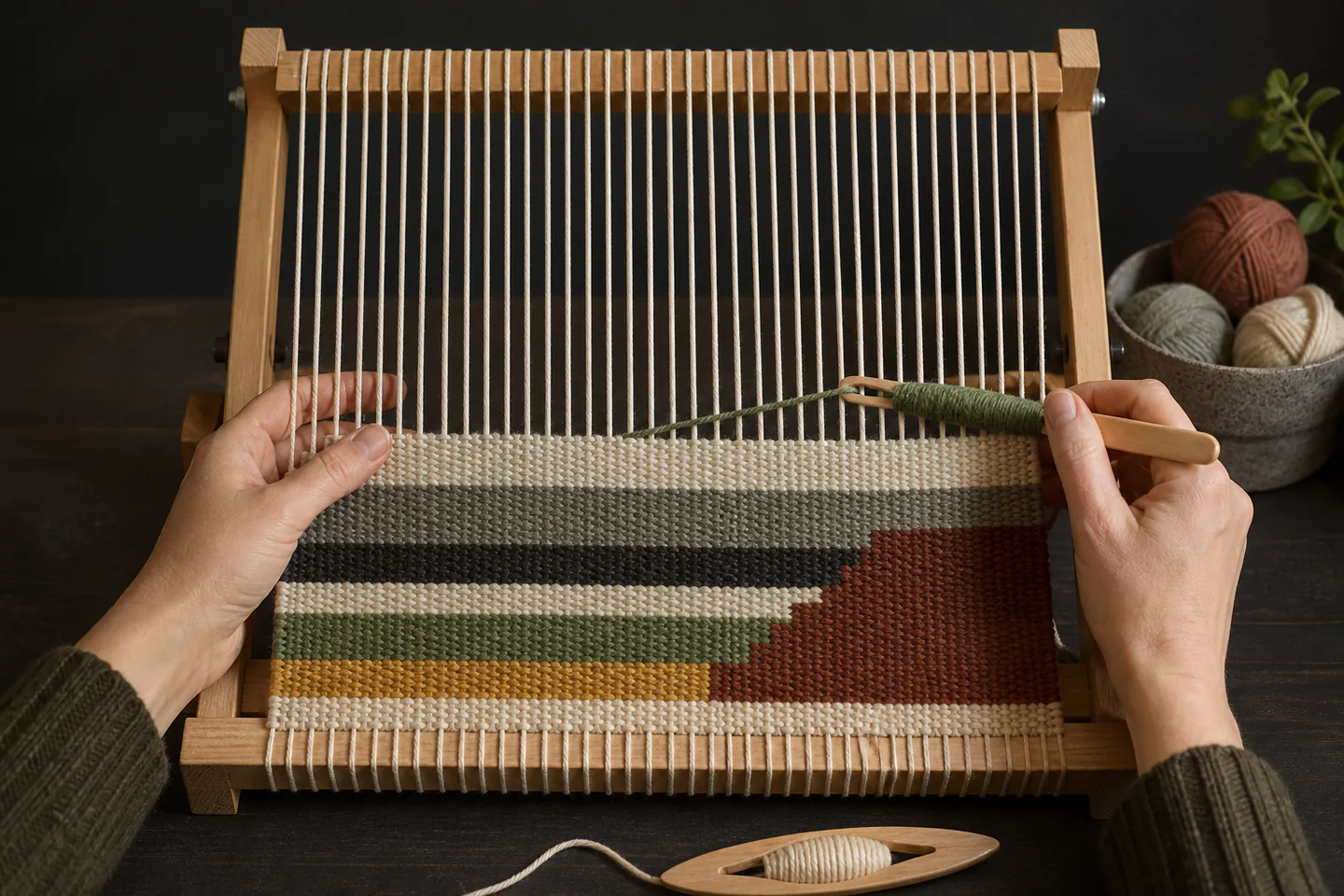 Hands weaving coloured wool weft into geometric shapes on a small upright wooden tapestry frame loom