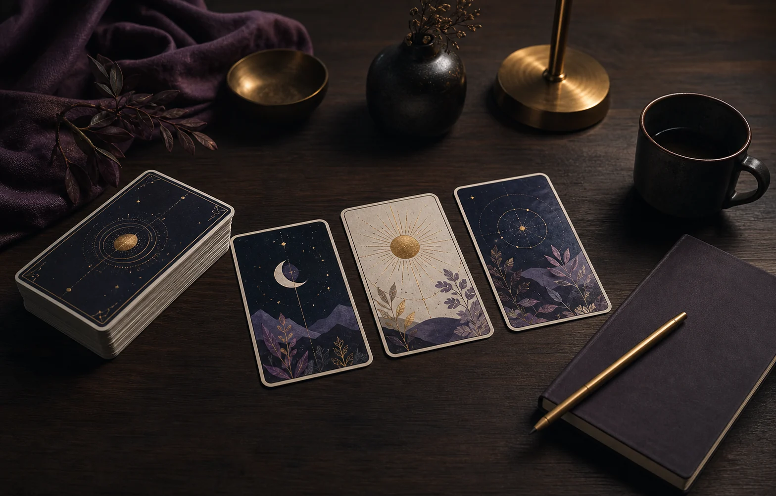 Three illustrated tarot cards, a deck and a notebook arranged on a dark wooden table