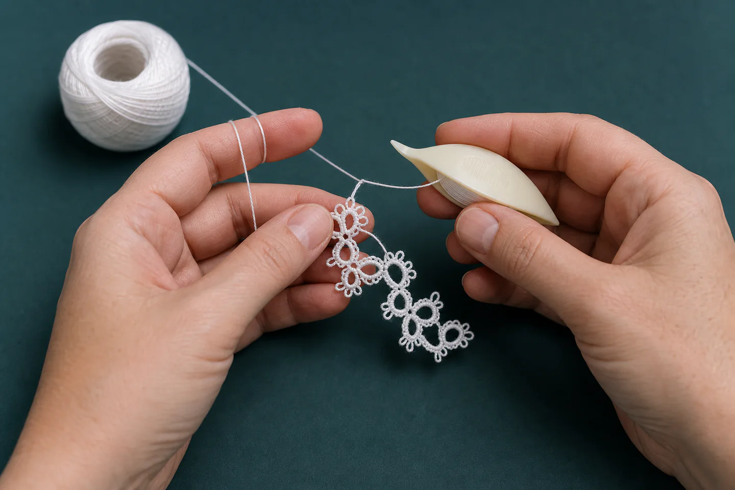 Hands using a small tatting shuttle to form white lace rings and picots from smooth cotton thread on a dark work surface